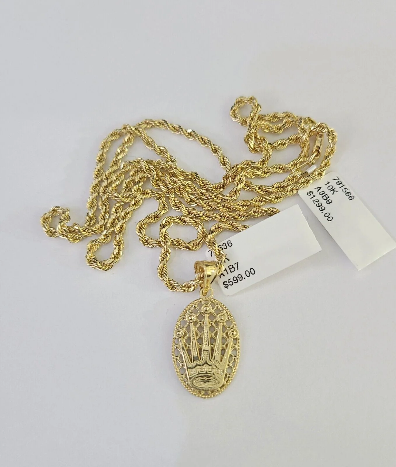 10k 2.5mm Rope Chain Crown Pendant 18"-30" Yellow Gold Set Charm Necklace - Image 5
