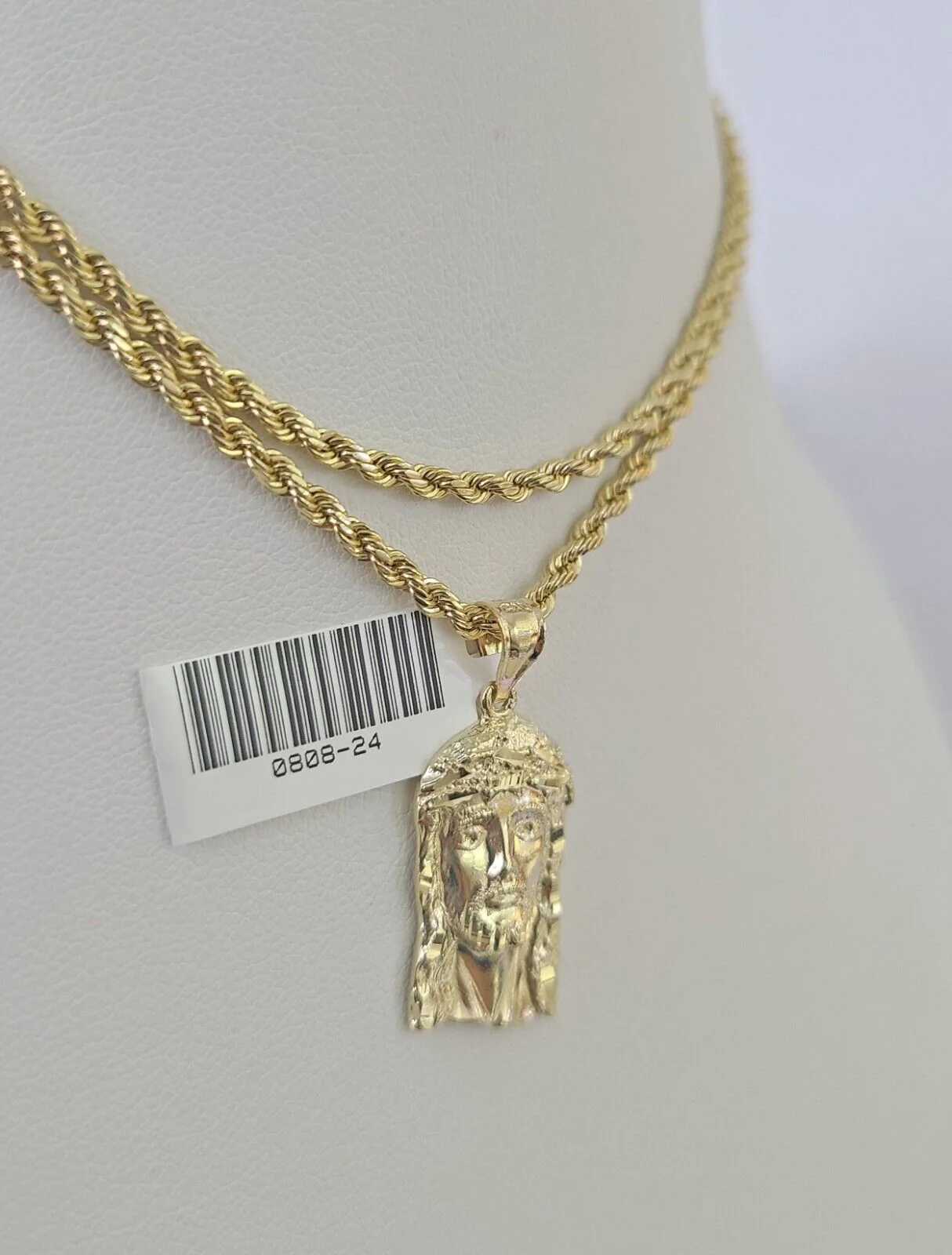 10k 2.5mm Rope Chain Jesus Head Pendant 18"-30" Yellow Gold Set Charm Necklace - Image 2