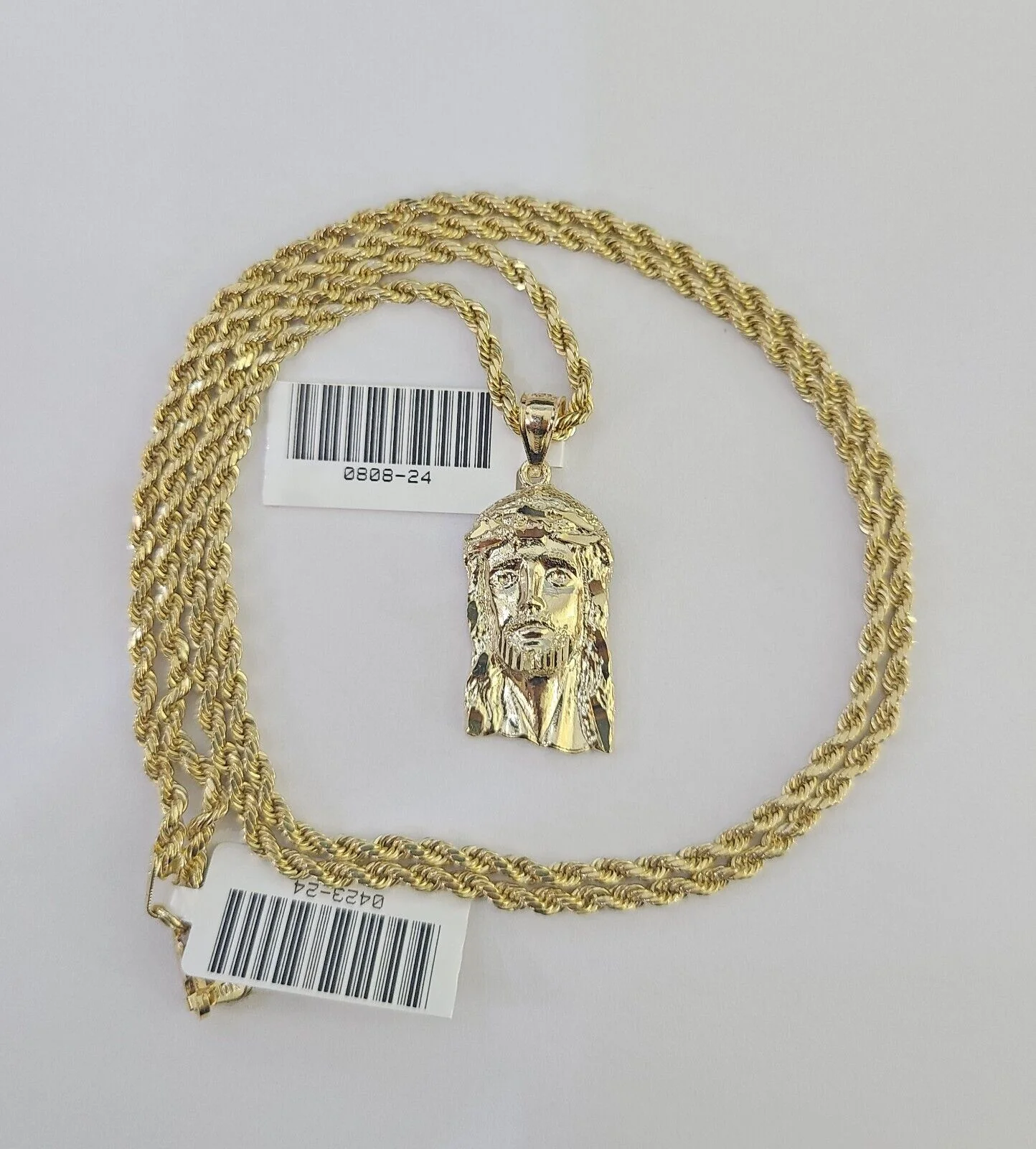 10k 2.5mm Rope Chain Jesus Head Pendant 18"-30" Yellow Gold Set Charm Necklace - Image 4