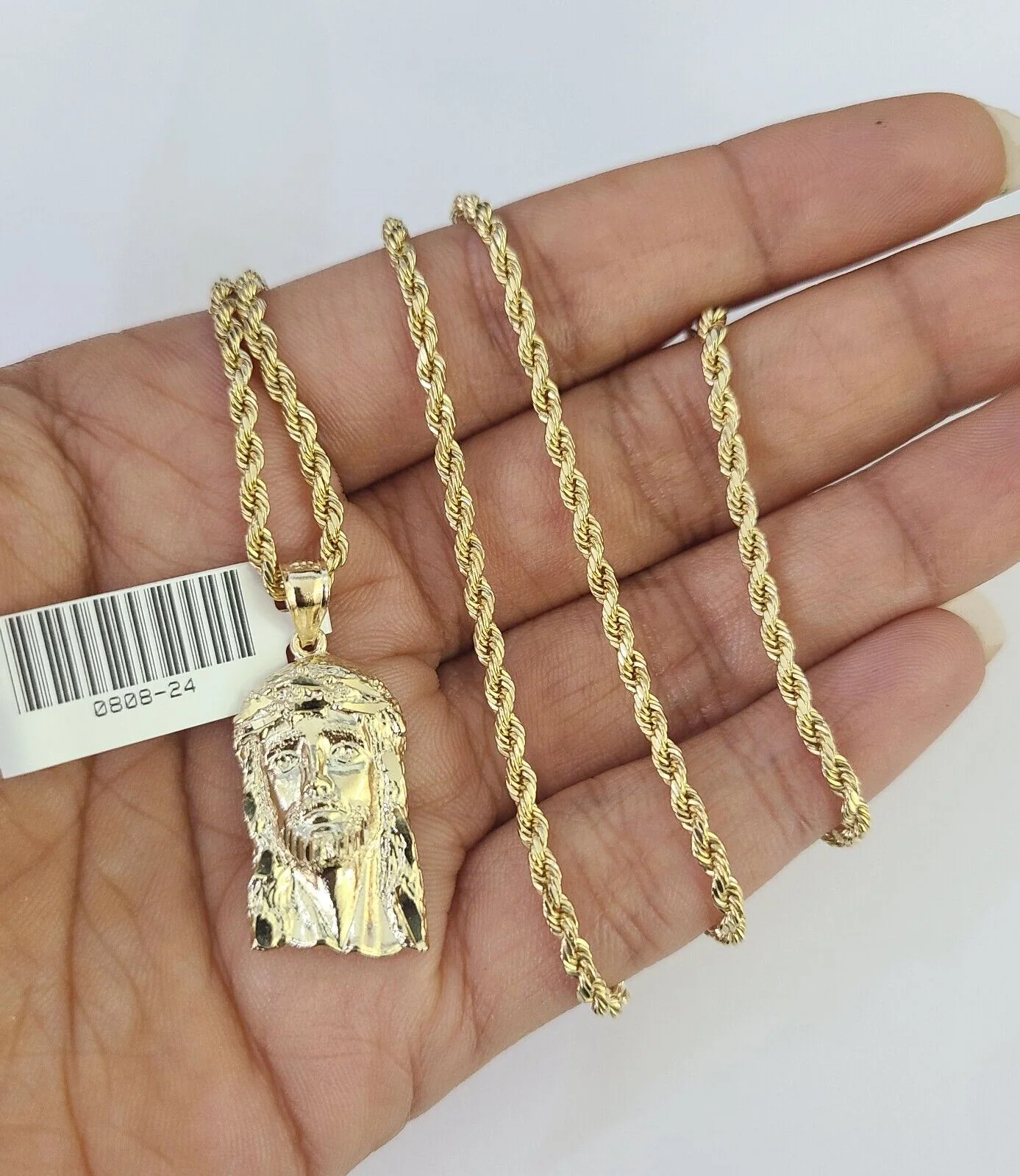 10k 2.5mm Rope Chain Jesus Head Pendant 18"-30" Yellow Gold Set Charm Necklace - Image 5