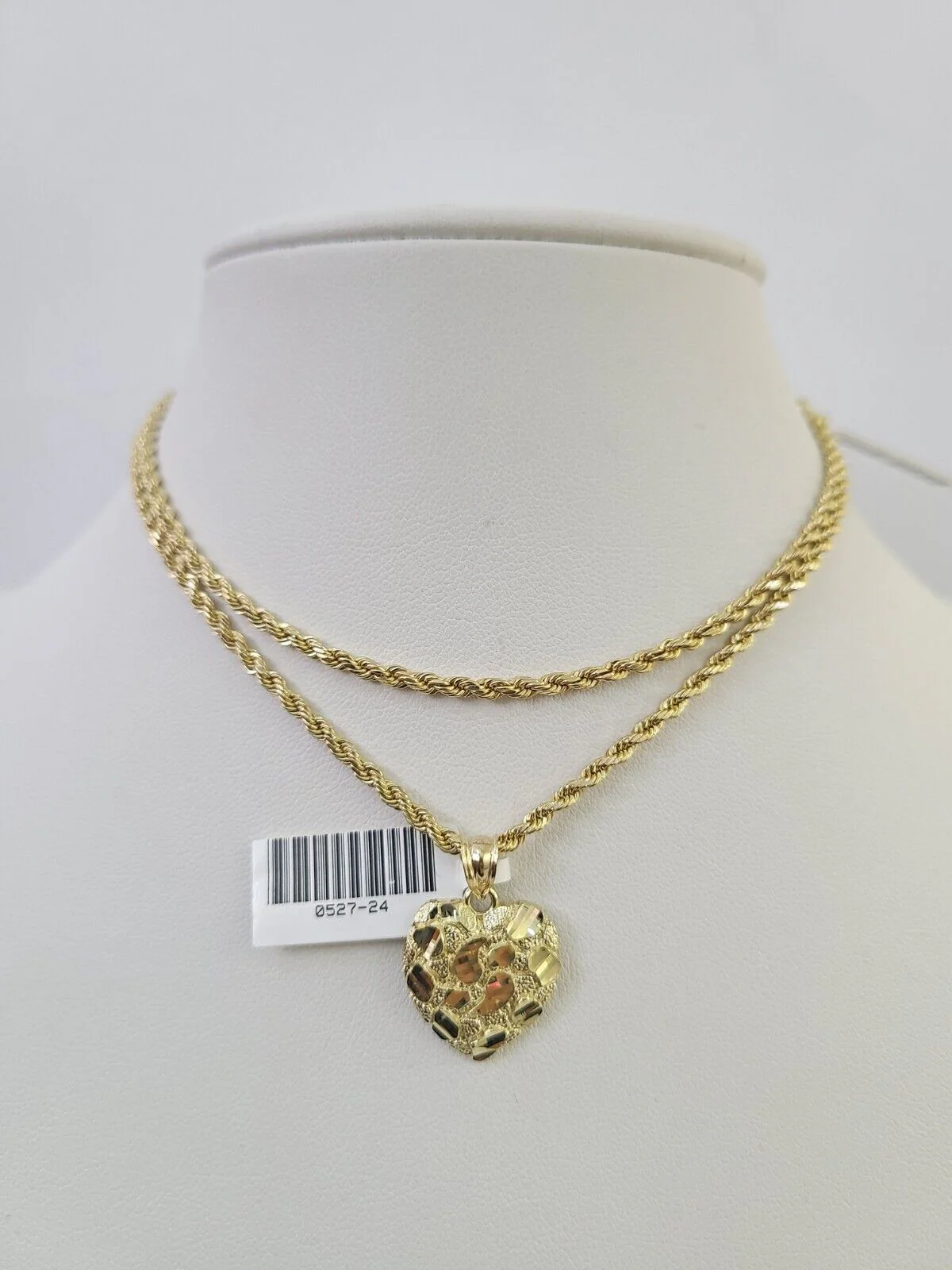 10k 2.5mm Rope Chain Nugget Heart Pendant 18"-30" Yellow Gold Set Charm Necklace