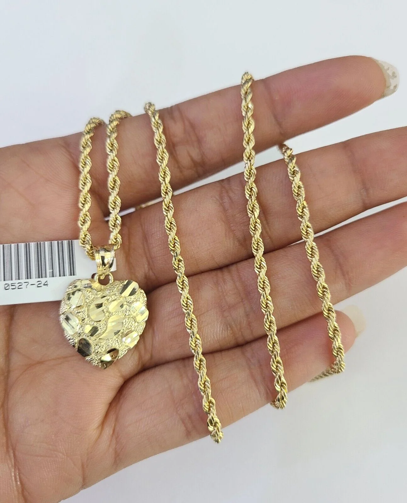 10k 2.5mm Rope Chain Nugget Heart Pendant 18"-30" Yellow Gold Set Charm Necklace - Image 6