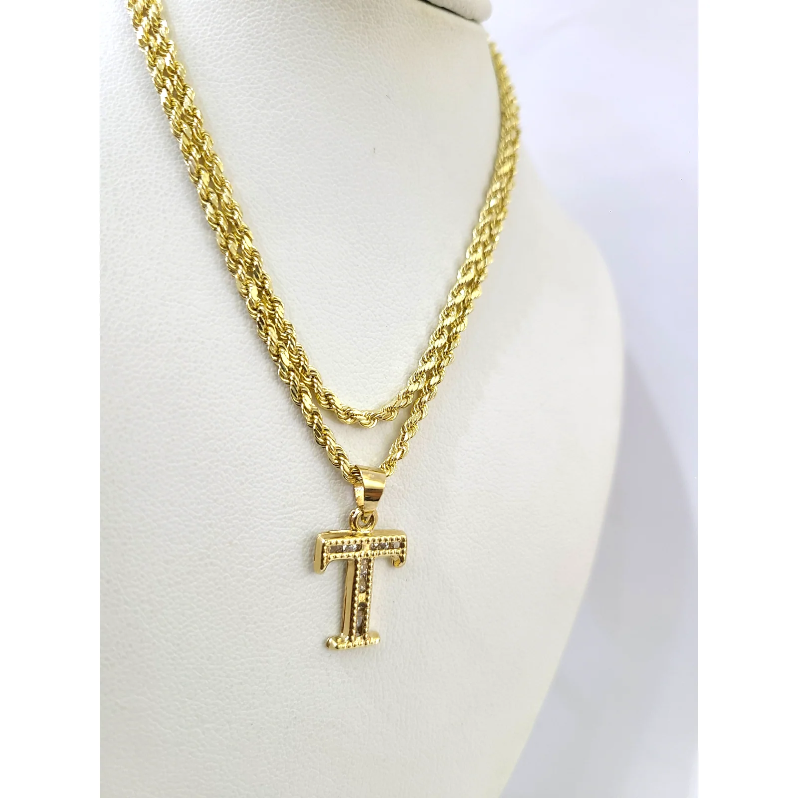 10k 2.5mm Rope Chain T Initial Alphabet Pendant 16"-28" Gold Set Charm Necklace - Image 3