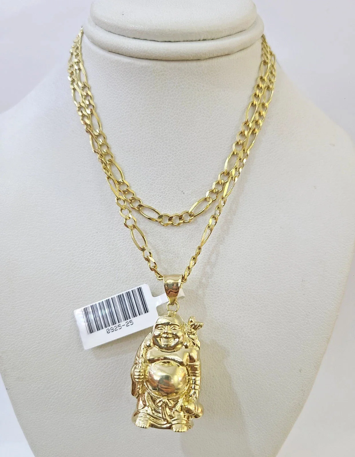 10k Figaro Chain Laughing Buddha Pendant Charm Gold 3mm 20-28 inch SET Necklace