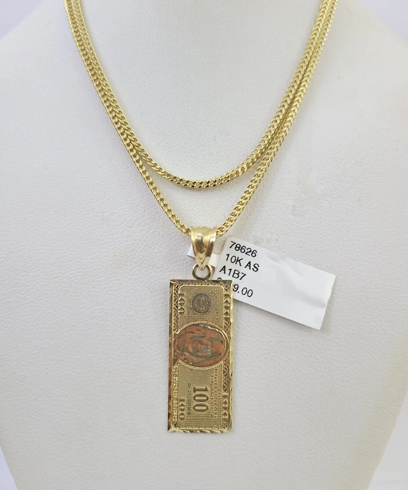 10K Franco Chain 100 Money Dollar Pendant Charm Necklace 16"-24" 2mm Gold SET - Image 5