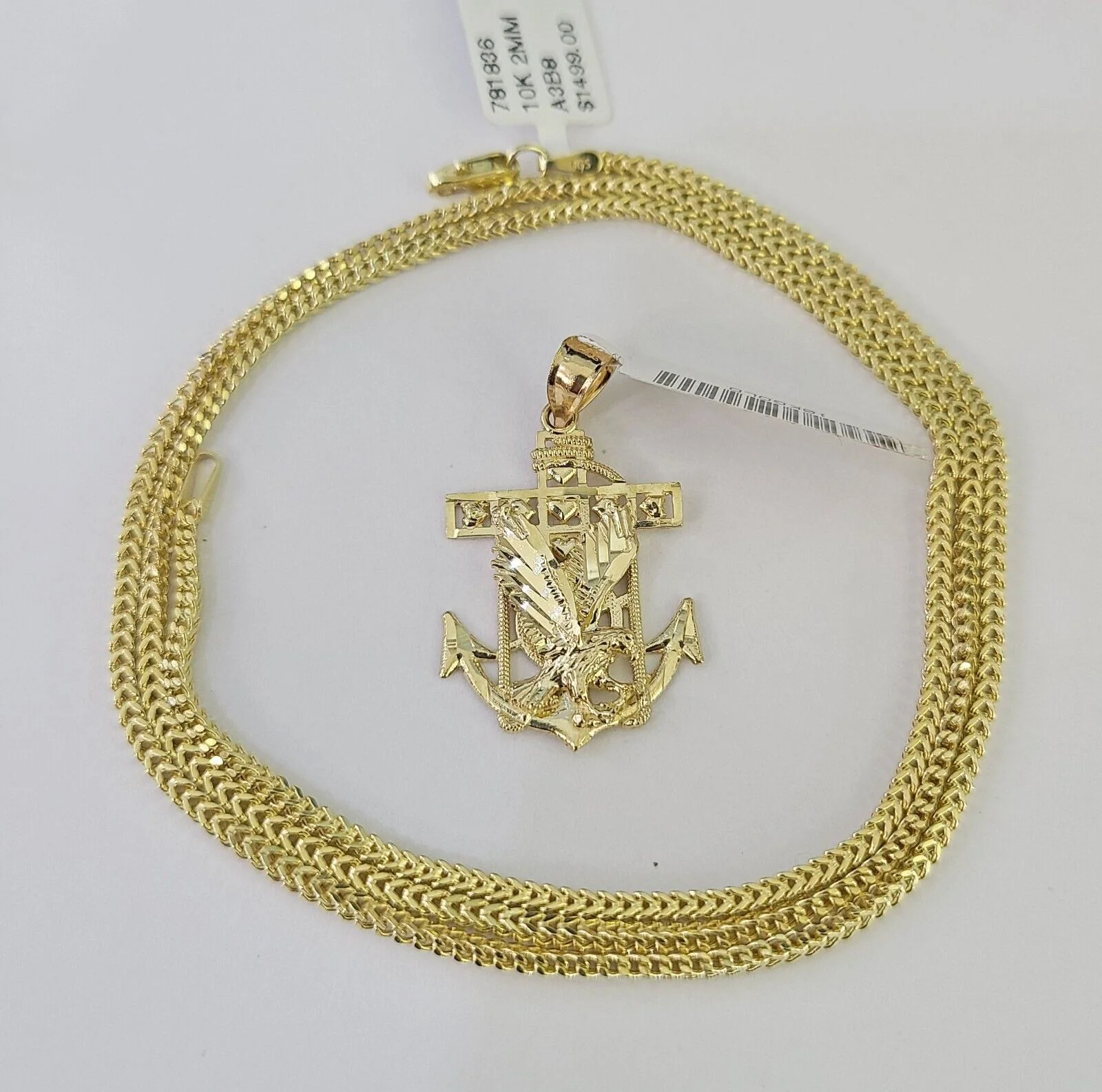 10K Franco Chain Eagle Anchor Pendant Charm Necklace 16"-24" 2mm Gold SET Yellow - Image 7