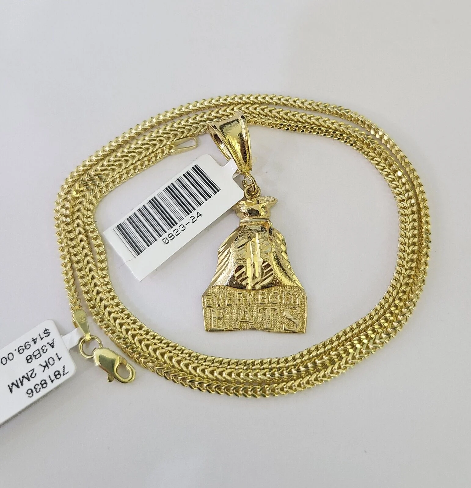 10K Franco Chain Everybody Eats Pendant Charm Necklace 16"-24" 2mm Gold SET - Image 6