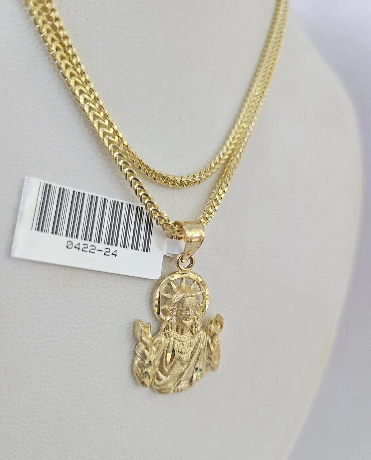 10K Franco Chain Jesus Pendant Charm Necklace 16"-24" 2mm Yellow Gold SET - Image 2