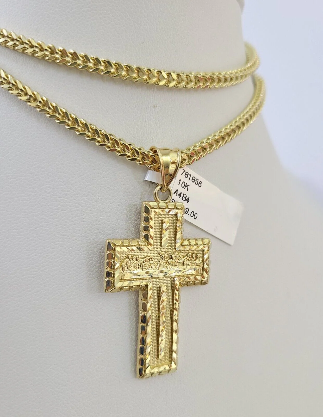 10K Franco Chain Last Supper Cross Pendant Charm Necklace 20"-26" 3mm Gold SET - Image 5