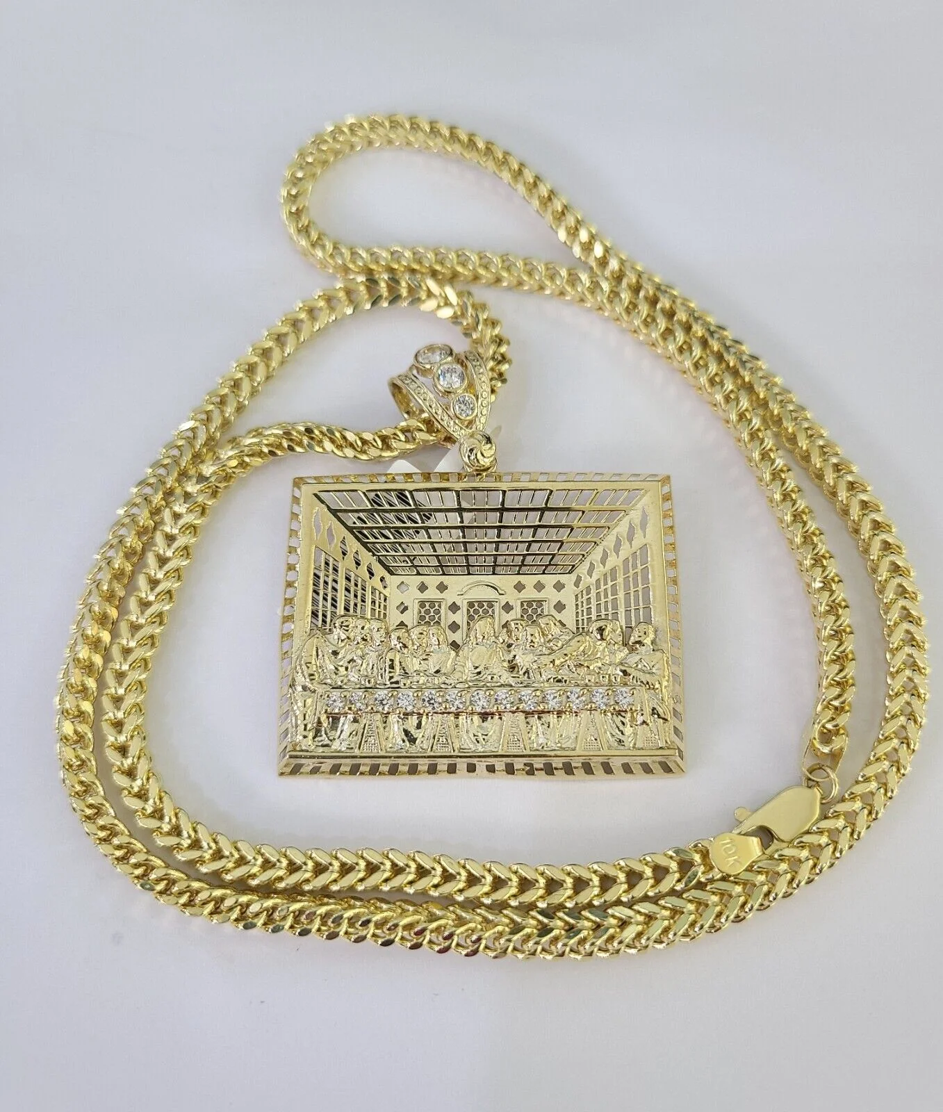 10K Franco Chain Last Supper Pendant Charm Necklace 20"-28" 4mm Yellow Gold SET - Image 4