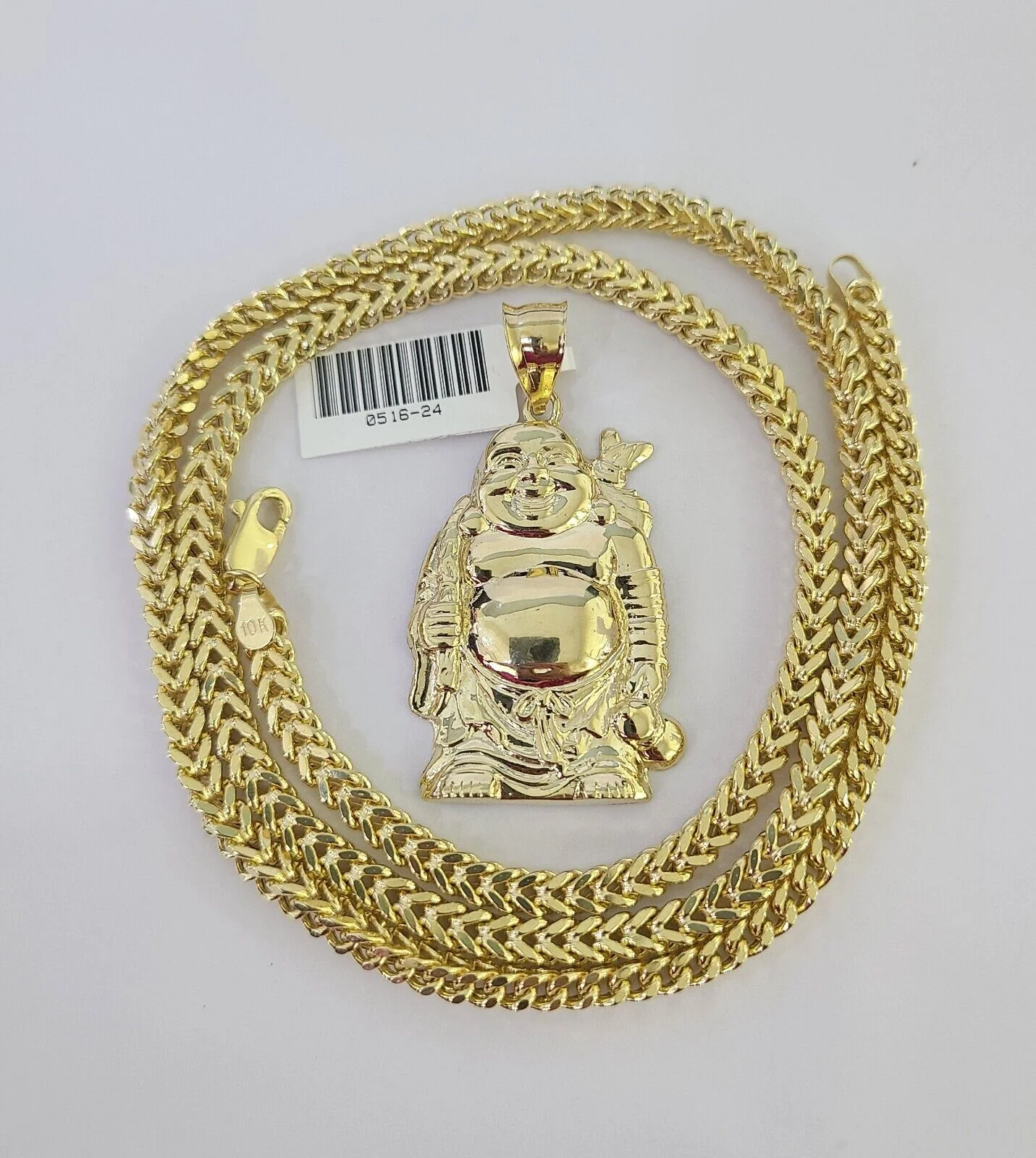 10K Franco Chain Laughing Buddha Pendant Charm Necklace 20"-28" 4mm Gold SET - Image 2