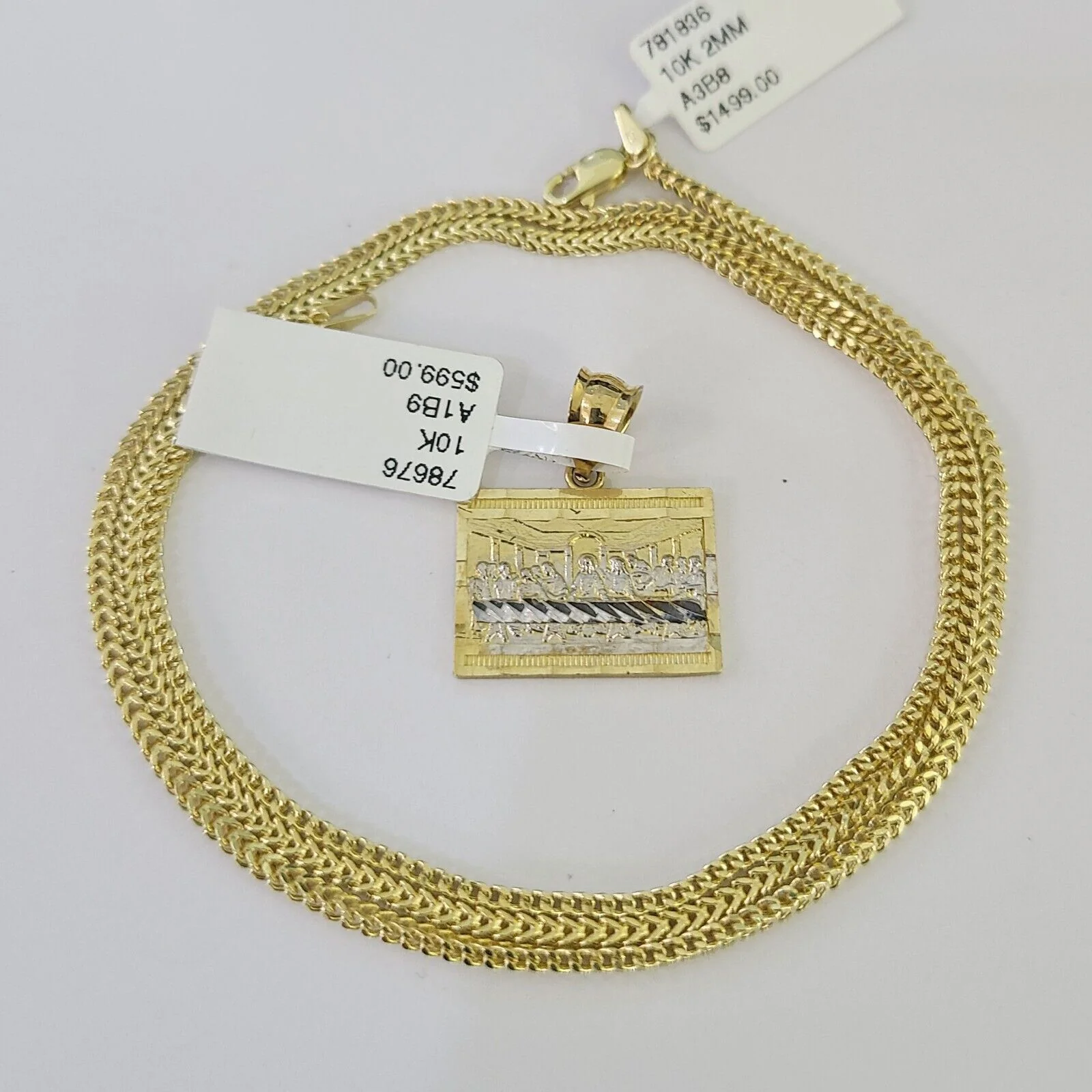 10K Franco Chain Last Supper Pendant Charm Necklace 16"-24" 2mm Gold SET - Image 6