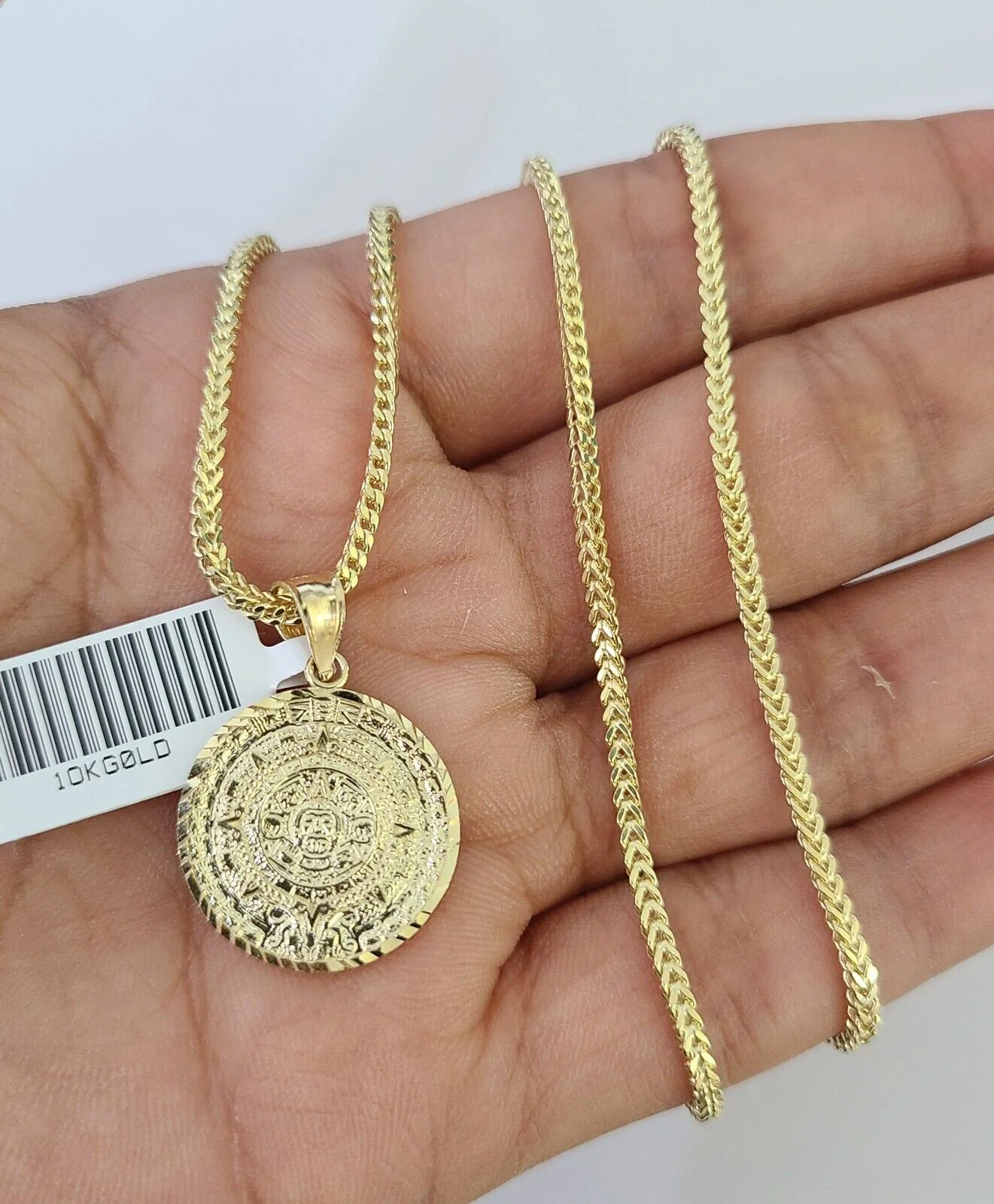 10K Franco Chain Mayan Calendar Pendant Charm Necklace 16"-24" 2mm Gold SET - Image 3