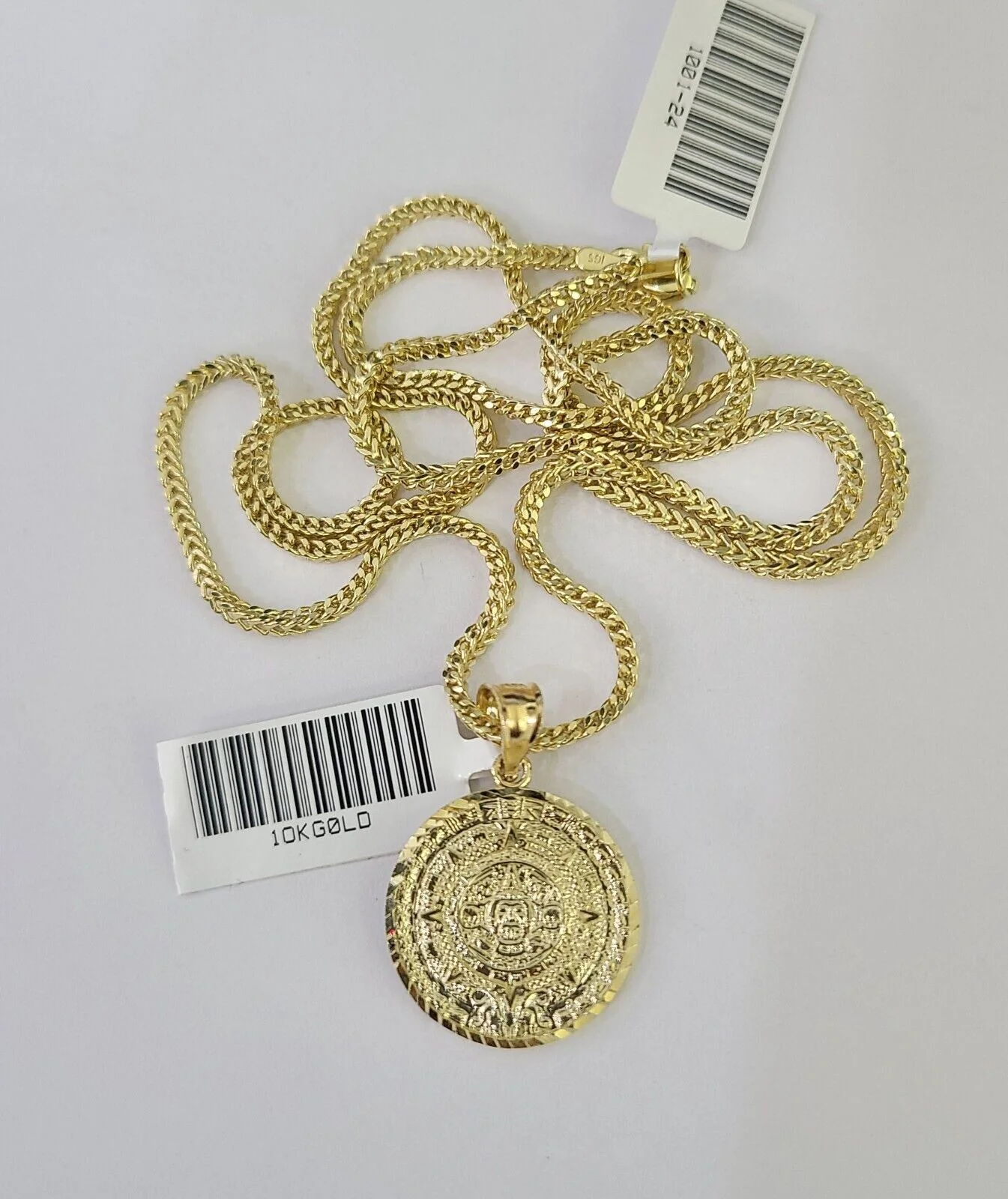 10K Franco Chain Mayan Calendar Pendant Charm Necklace 16"-24" 2mm Gold SET - Image 4