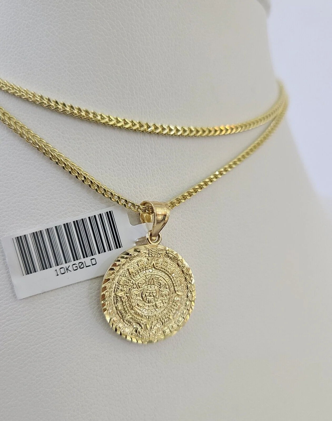 10K Franco Chain Mayan Calendar Pendant Charm Necklace 16"-24" 2mm Gold SET - Image 5
