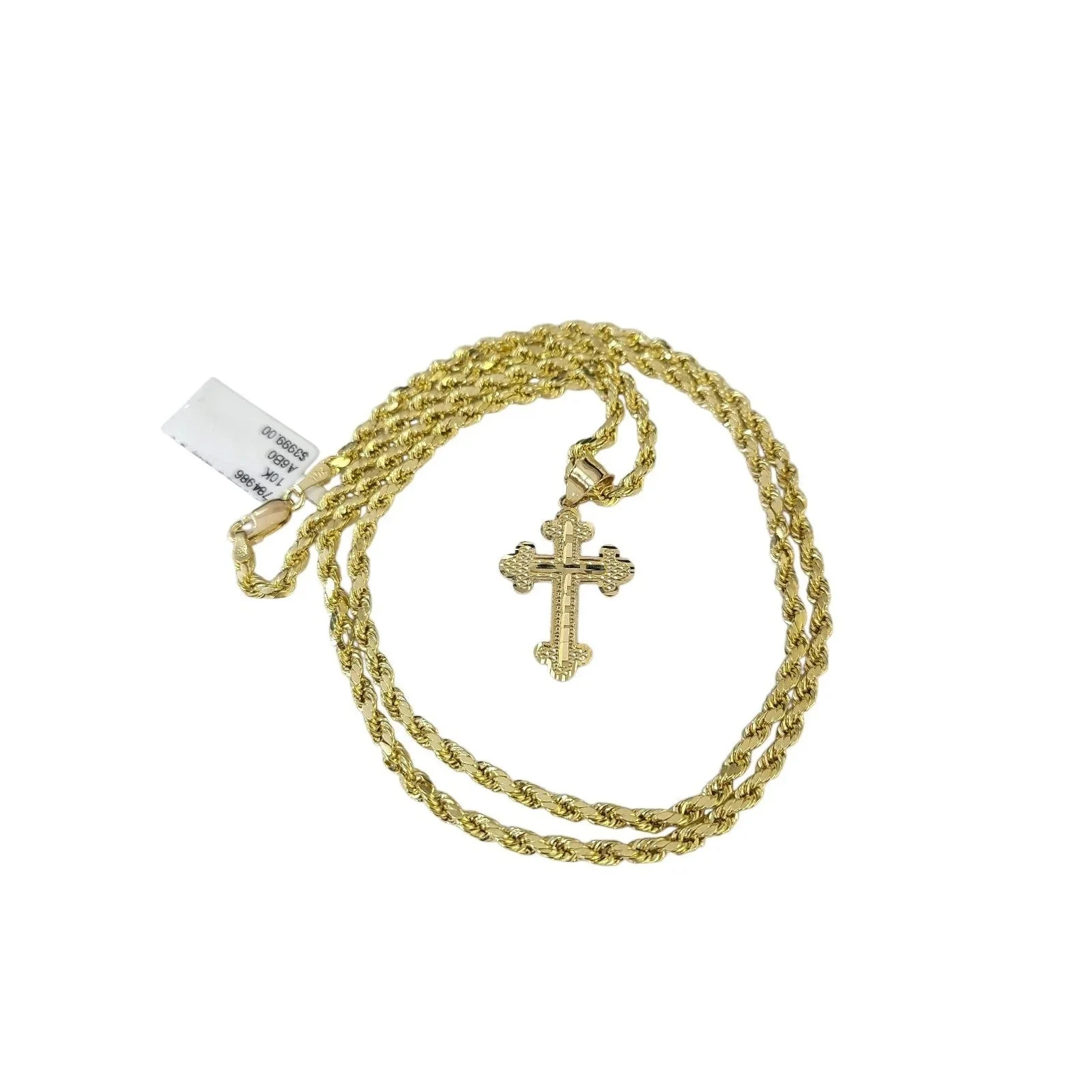 10K Gold 3mm Rope Chain Filigree Cross Pendant Charm Necklace Set 18"-28" Unisex - Image 4
