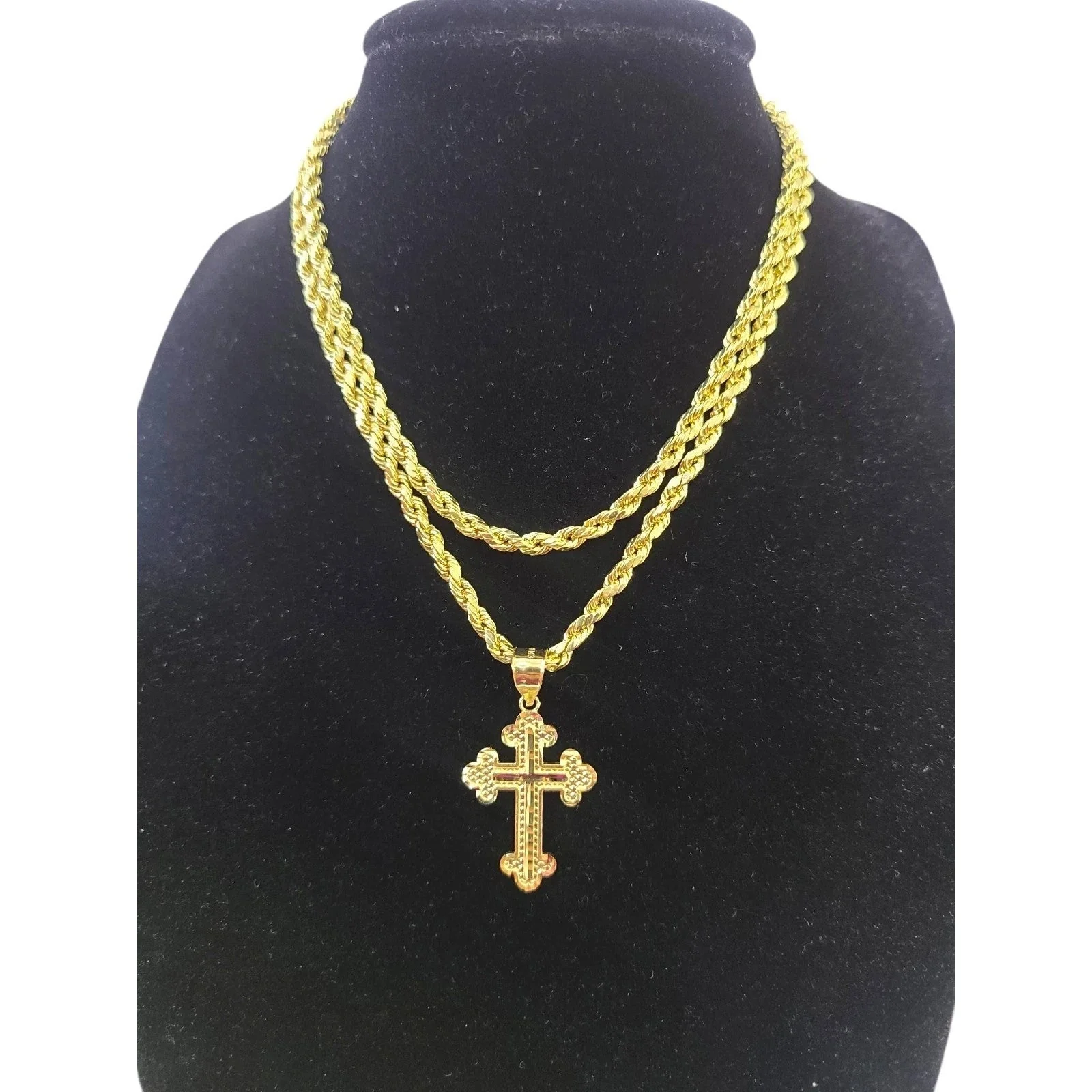 10K Gold 3mm Rope Chain Filigree Cross Pendant Charm Necklace Set 18"-28" Unisex - Image 8