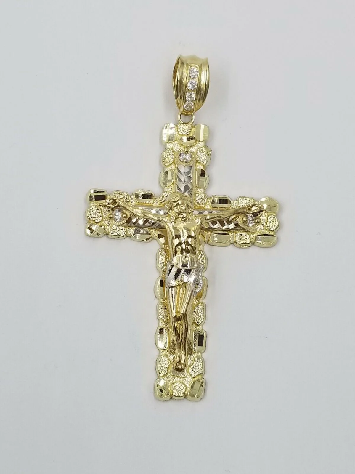 10k Gold Byzantine 24" Necklace Jesus Nugget Cross Pendant 3" Charm 5mm Chain - Image 5