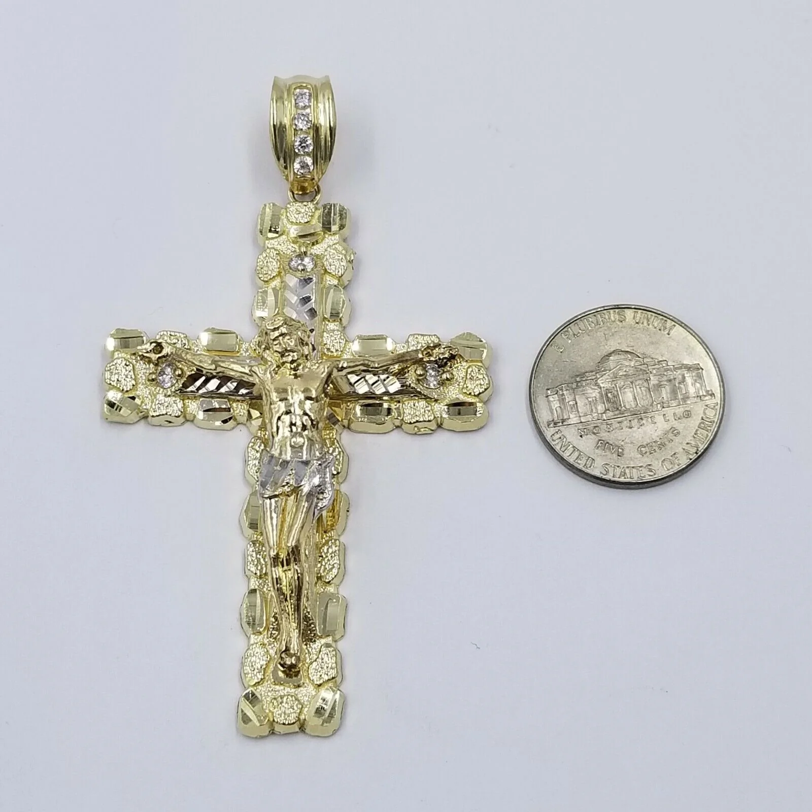 10k Gold Byzantine 24" Necklace Jesus Nugget Cross Pendant 3" Charm 5mm Chain - Image 6