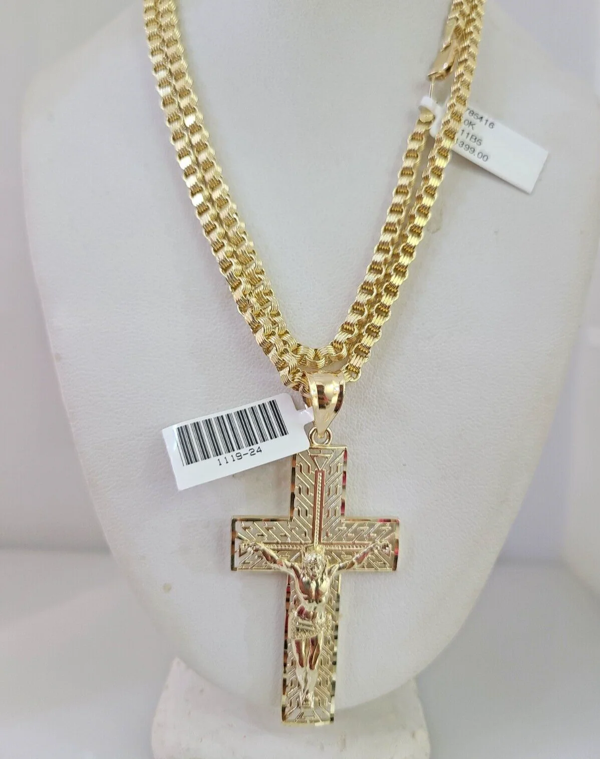 10k Gold Byzantine Chain Necklace Cross Charm Pendant SET REAL 10kt 3mm - Image 2