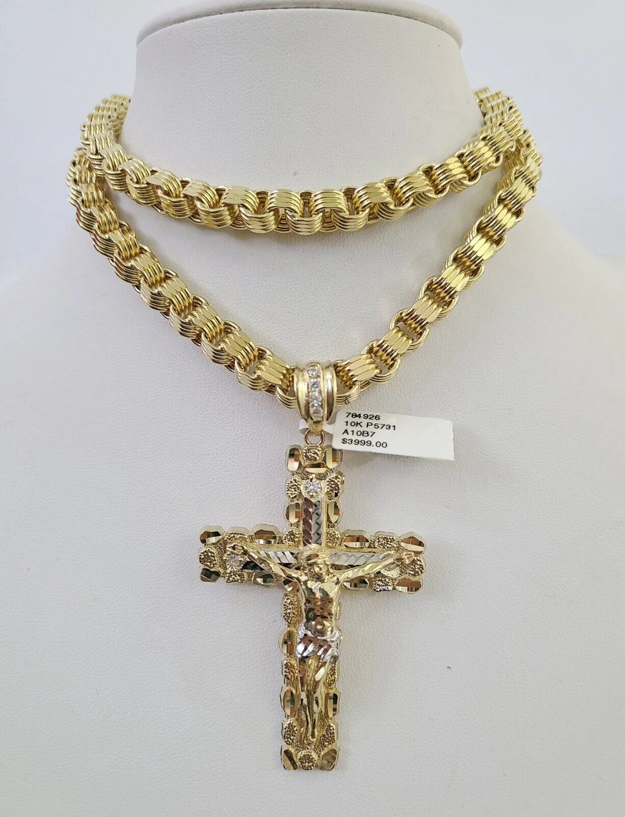 10k Gold Byzantine Chain Necklace Nugget Cross Pendant Charm SET 20"-30" 7.5mm - Image 2