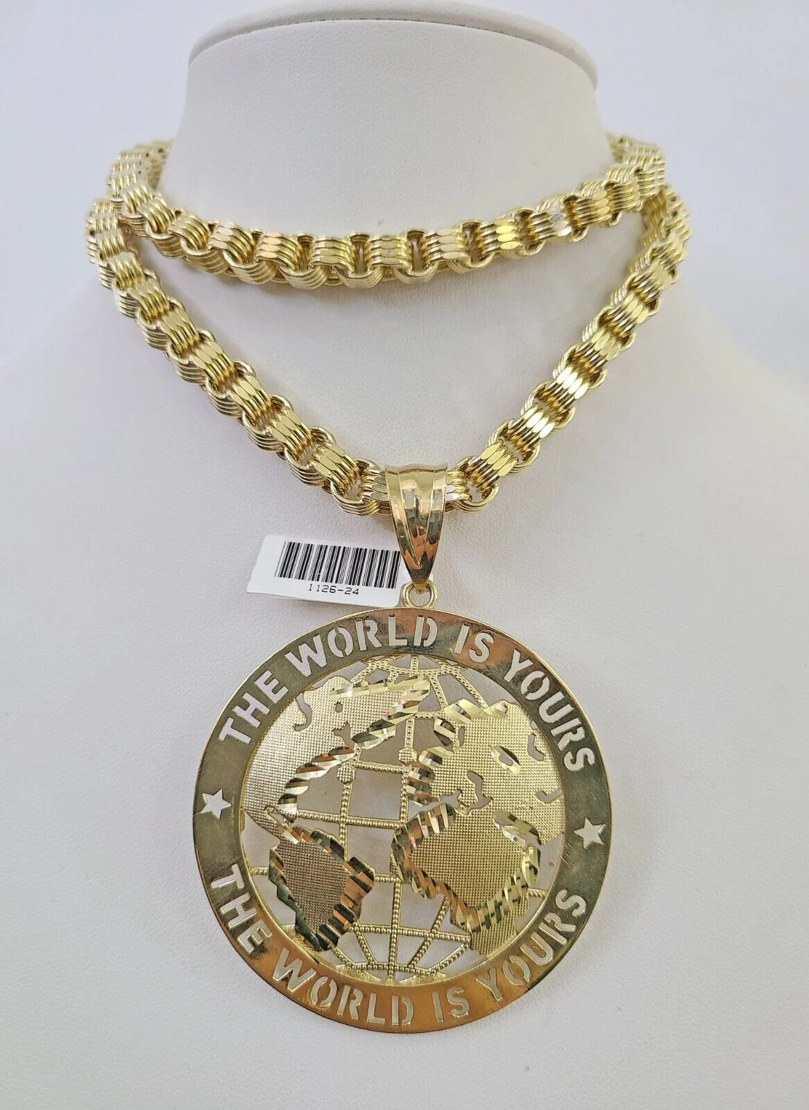 10k Gold Byzantine Chain Necklace World is Yours Pendant Charm SET 20"-30" 7.5mm - Image 12