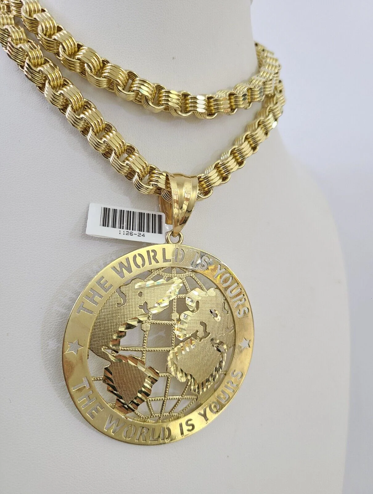 10k Gold Byzantine Chain Necklace World is Yours Pendant Charm SET 20"-30" 7.5mm - Image 5