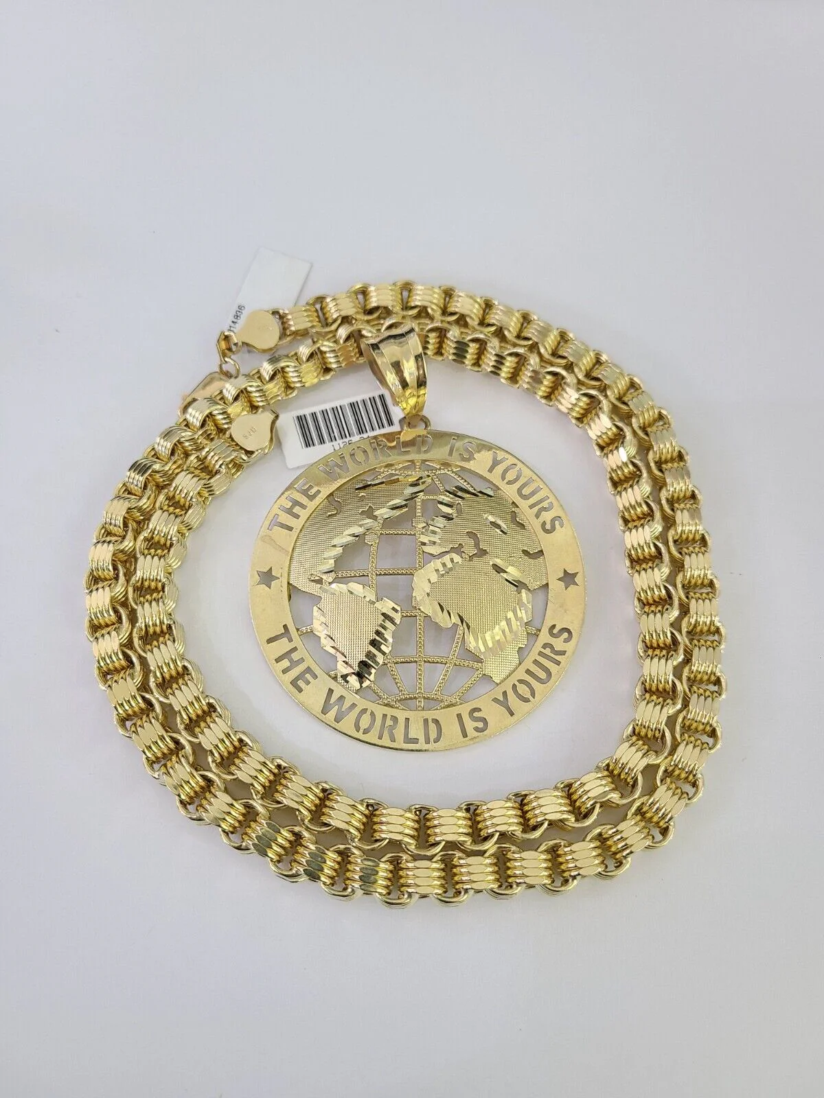 10k Gold Byzantine Chain Necklace World is Yours Pendant Charm SET 20"-30" 7.5mm - Image 7