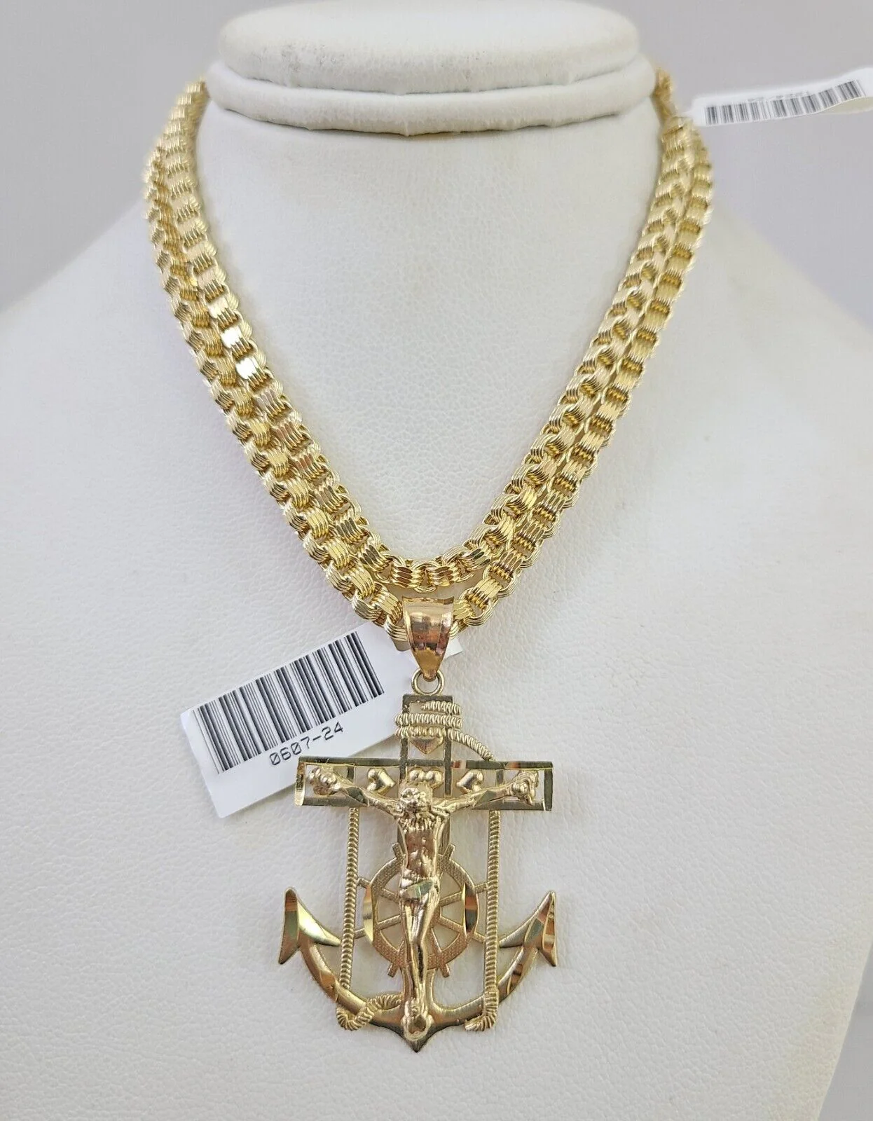 10k Gold Byzantine Necklace Jesus Anchor Charm 20-30 inch 3mm Pendant SET