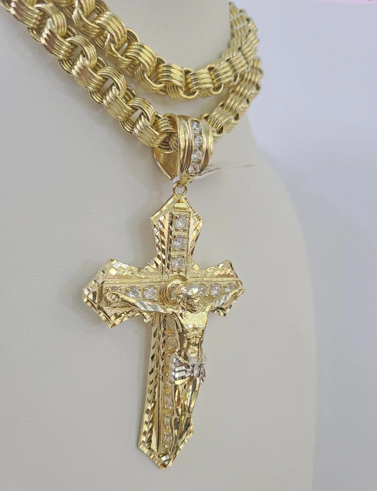 10k Gold Byzantine Necklace Jesus Cross Charm 20-30 inches 9mm REAL SET Chain - Image 6