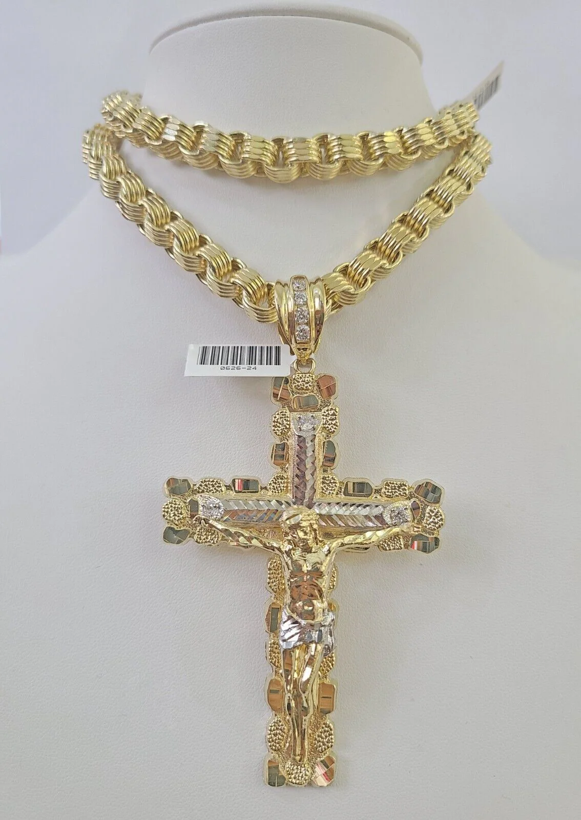 10k Gold Byzantine Necklace Jesus Cross Charm 20-30 inches 9mm REAL SET Chain - Image 2