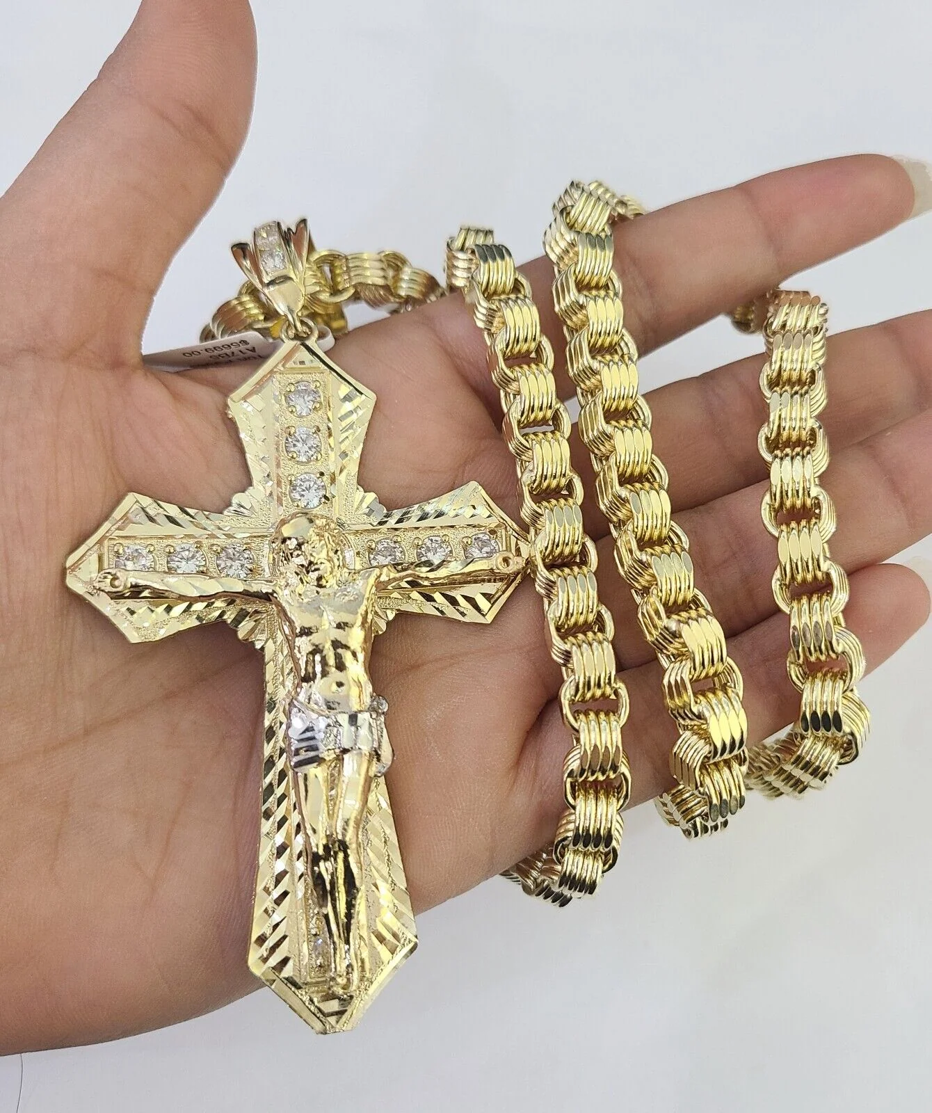 10k Gold Byzantine Necklace Jesus Cross Charm Pendant 20"-30" 8mm REAL SET Chain - Image 3