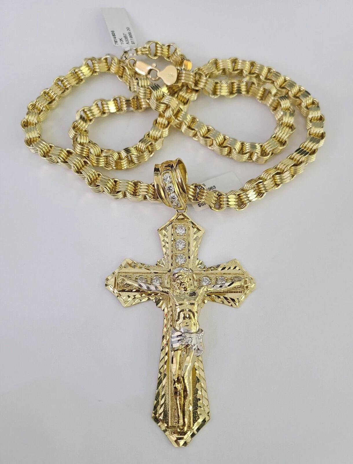 10k Gold Byzantine Necklace Jesus Cross Charm SET Chain 20"-30" 7.5mm Pendant - Image 2