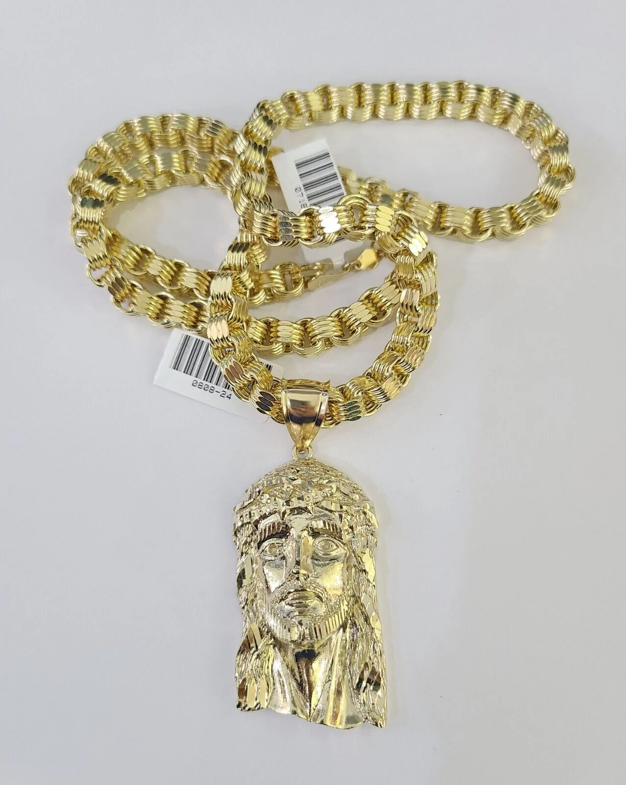 10k Gold Byzantine Necklace Jesus Head Charm 20-30 inches 6mm SET Chain Pendant