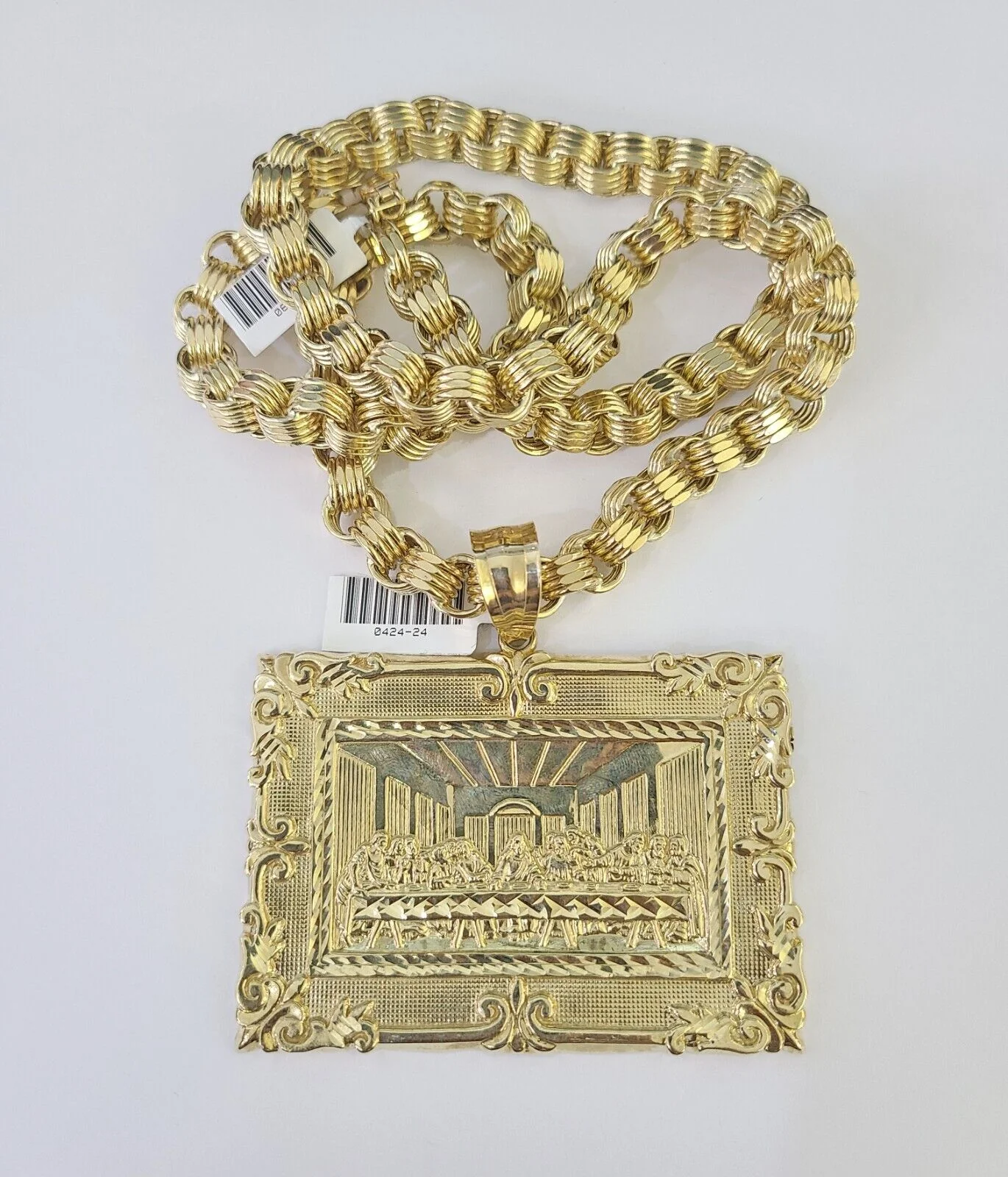 10k Gold Byzantine Necklace Last Supper Charm 20-30 inches 9mm REAL SET Chain - Image 5