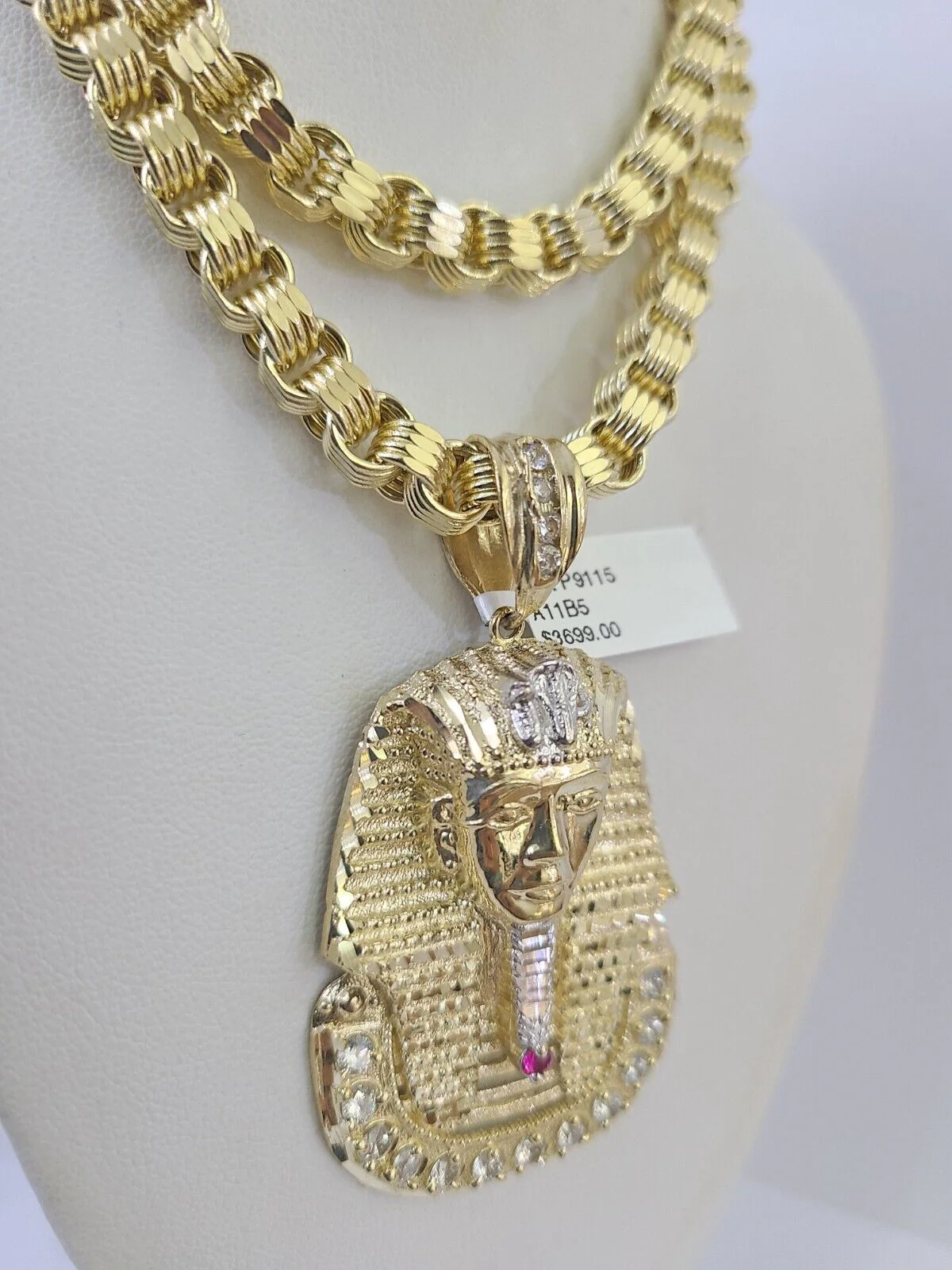 10k Gold Byzantine Necklace Pharaoh Charm 20-30 inch 6mm SET Chain Pendant - Image 2