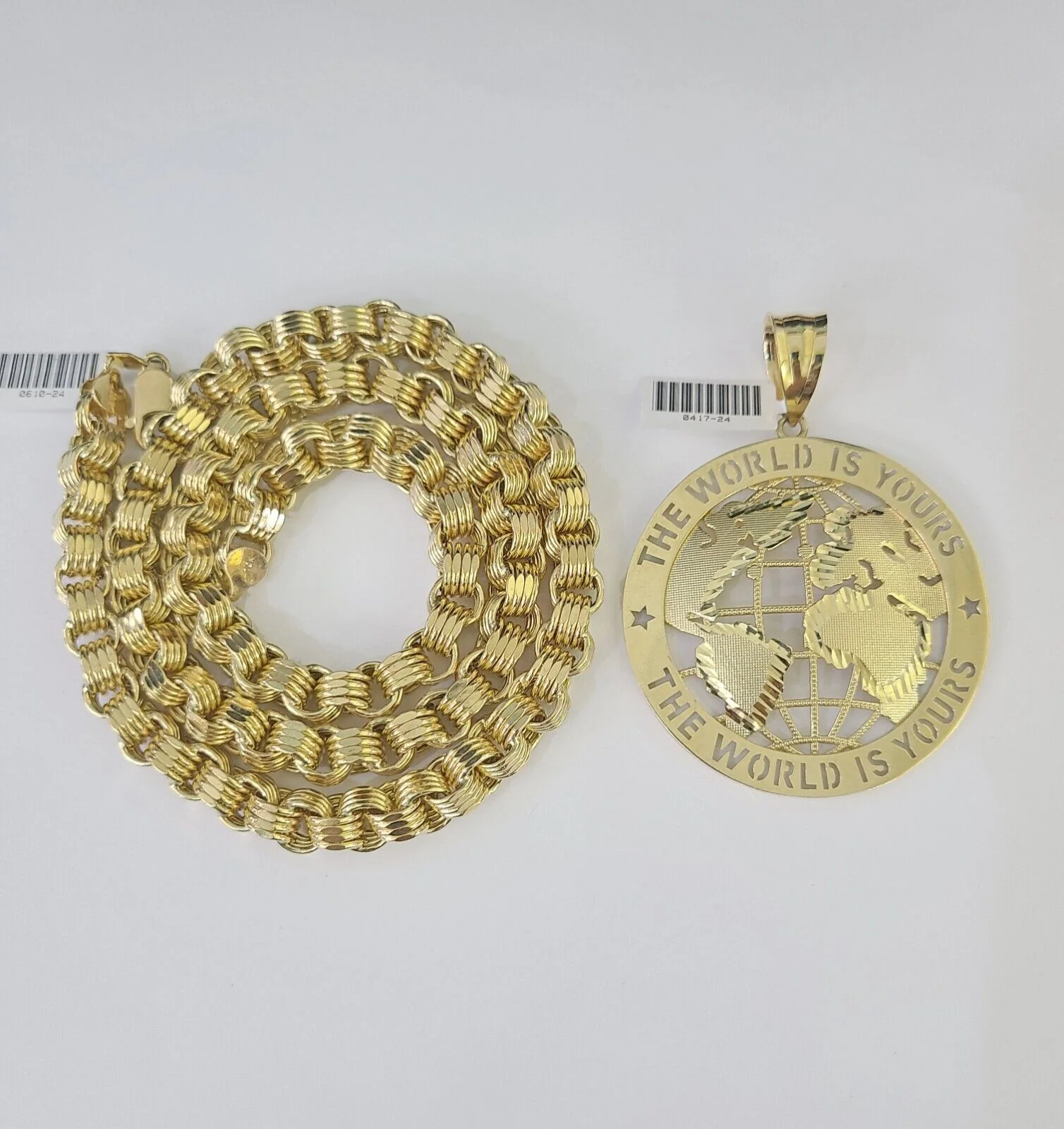 10k Gold Byzantine Necklace World is Yours Charm 20-30 inches 9mm REAL SET Chain - Image 4