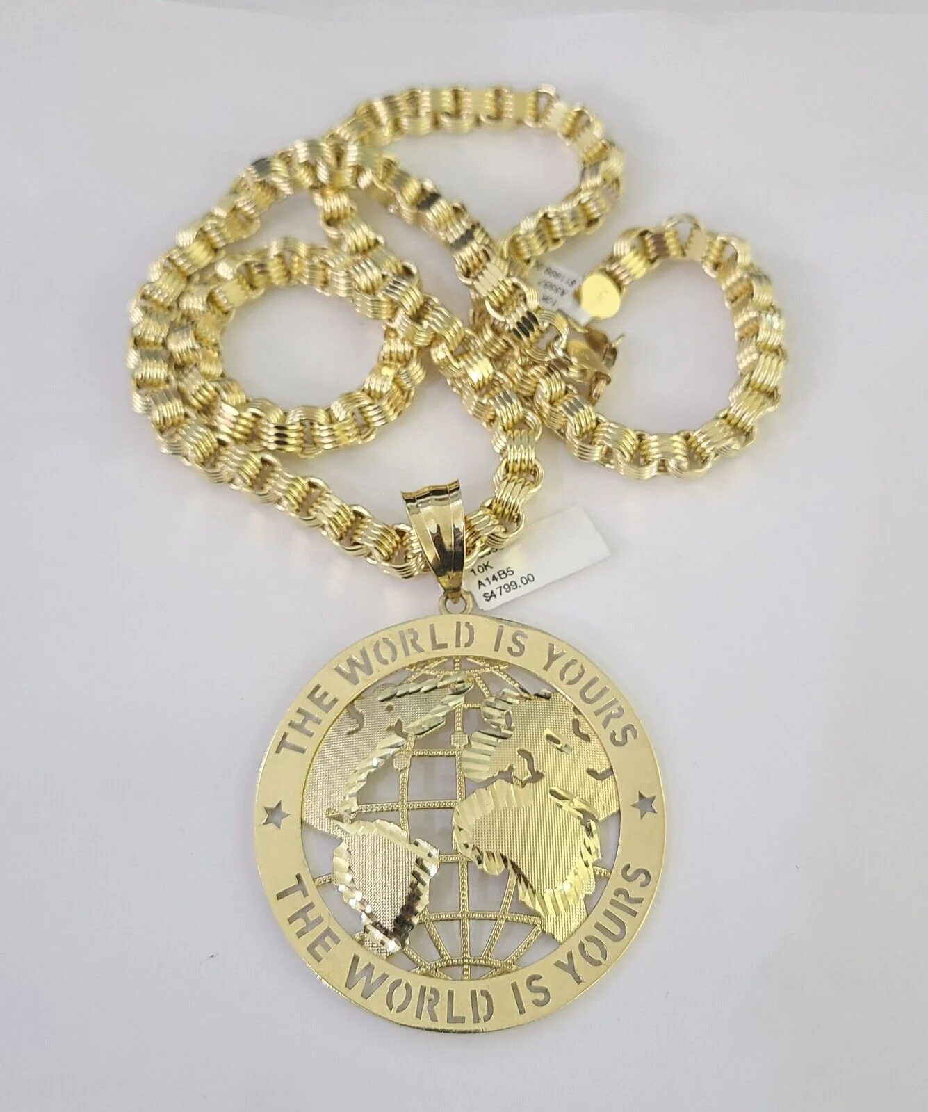 10k Gold Byzantine Necklace World is Yours Charm Pendant 20"-30" 8mm SET Chain - Image 4