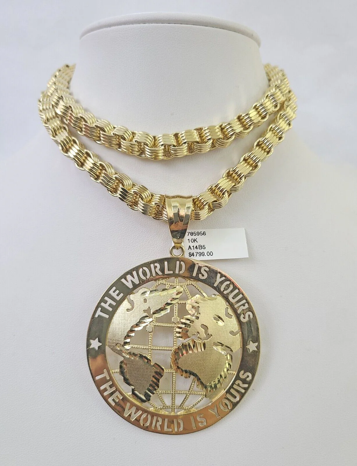 10k Gold Byzantine Necklace World is Yours Charm Pendant 20"-30" 8mm SET Chain - Image 6
