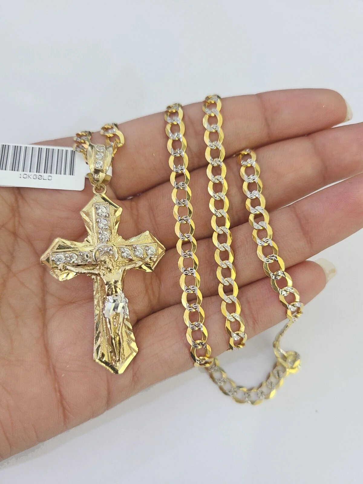 10k Gold Chain Cross Charm Solid Cuban Curb Link 5mm 18"-28" Inch Diamond Cut SET