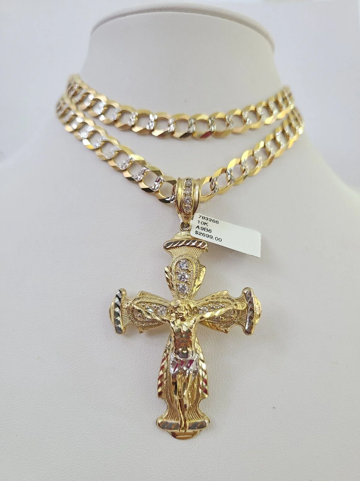 10k Gold Chain Cross Charm Solid Cuban Curb Necklace 9mm 20"-30" Diamond Cut SET - Image 3