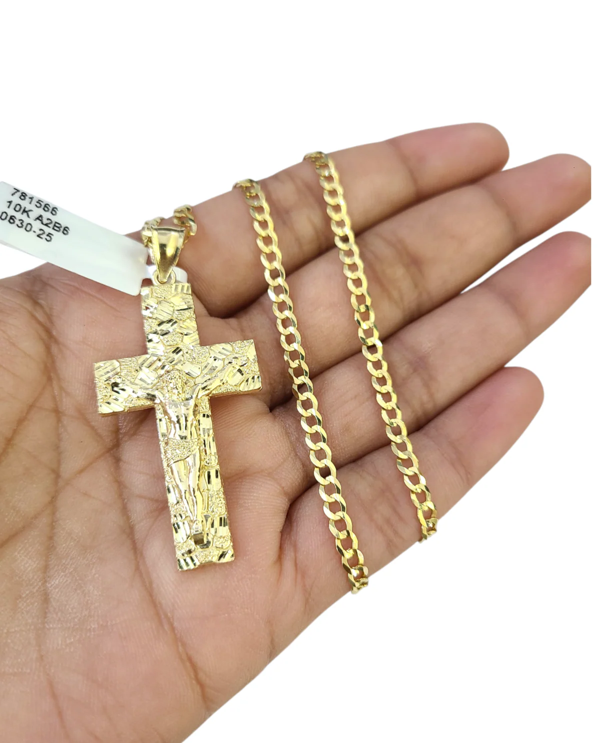10k Gold Chain Cuban Curb 3mm Necklace Nugget Cross Charm Pendant Set 18"-28"
