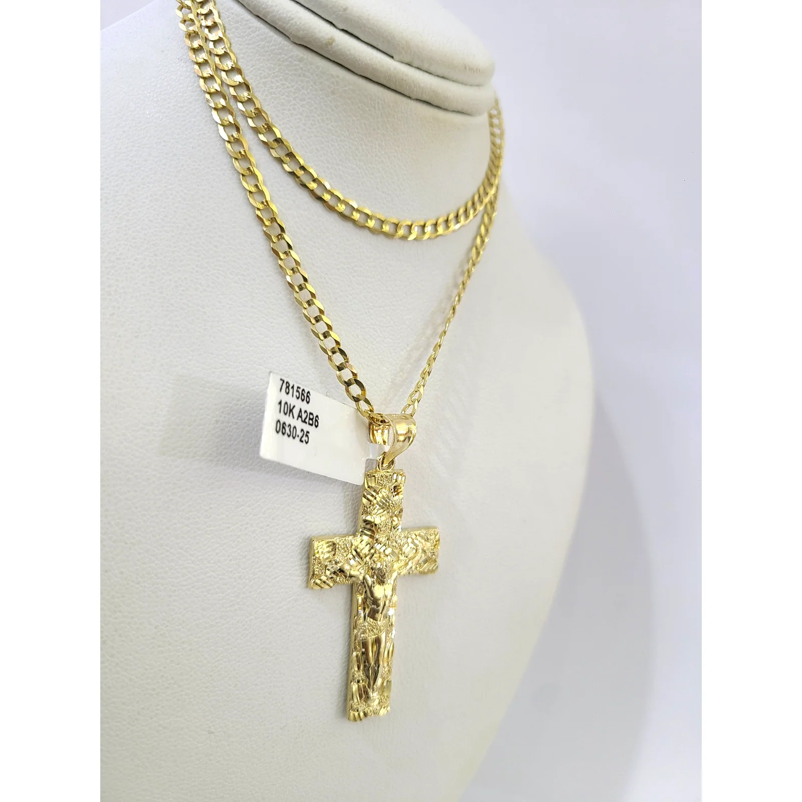 10k Gold Chain Cuban Curb 3mm Necklace Nugget Cross Charm Pendant Set 18"-28" - Image 4