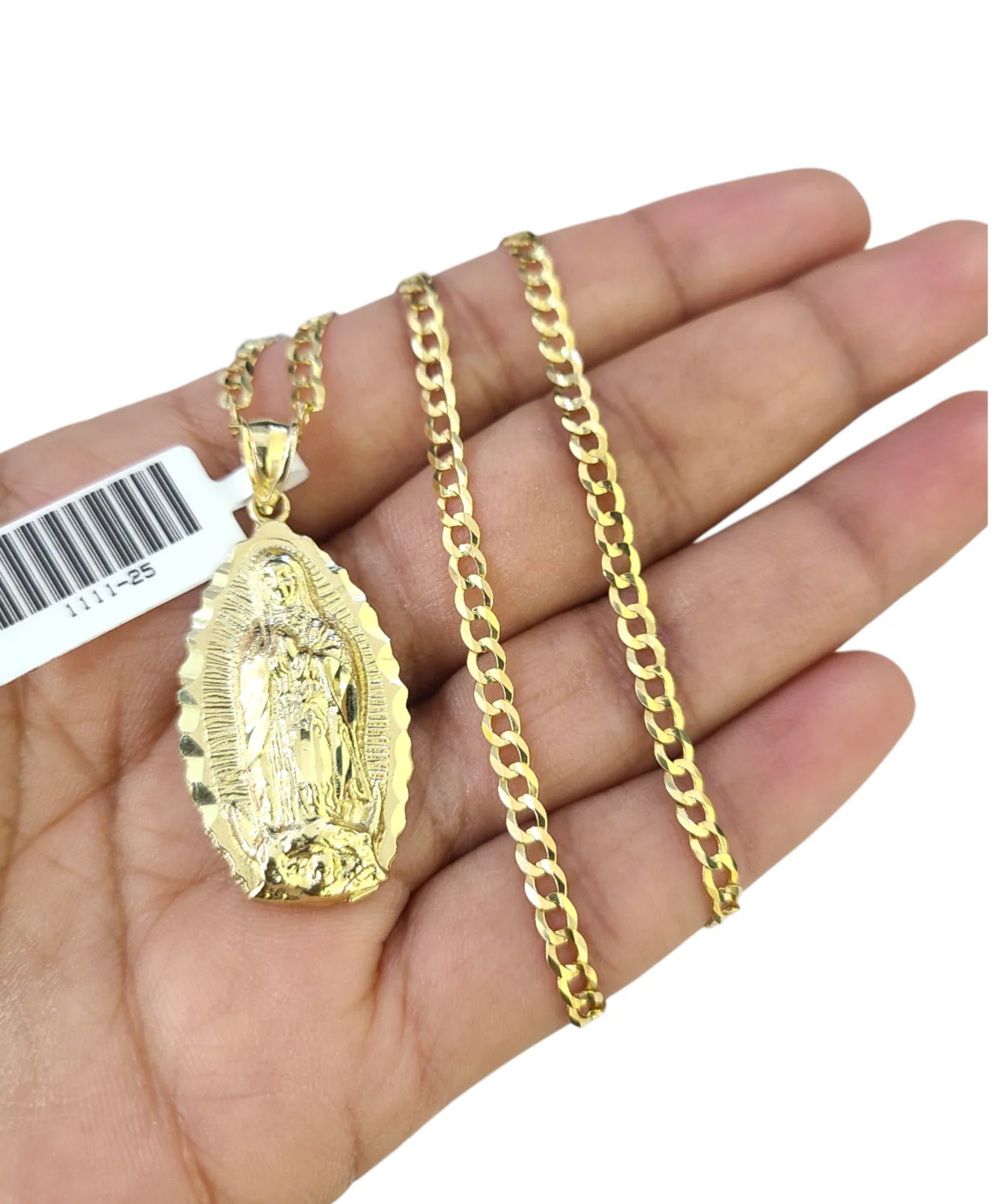 10k Gold Chain Cuban Curb 3mm Necklace Virgin Mary Charm Pendant Set 18"-28"
