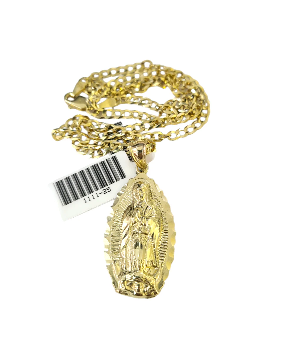 10k Gold Chain Cuban Curb 3mm Necklace Virgin Mary Charm Pendant Set 18"-28" - Image 2