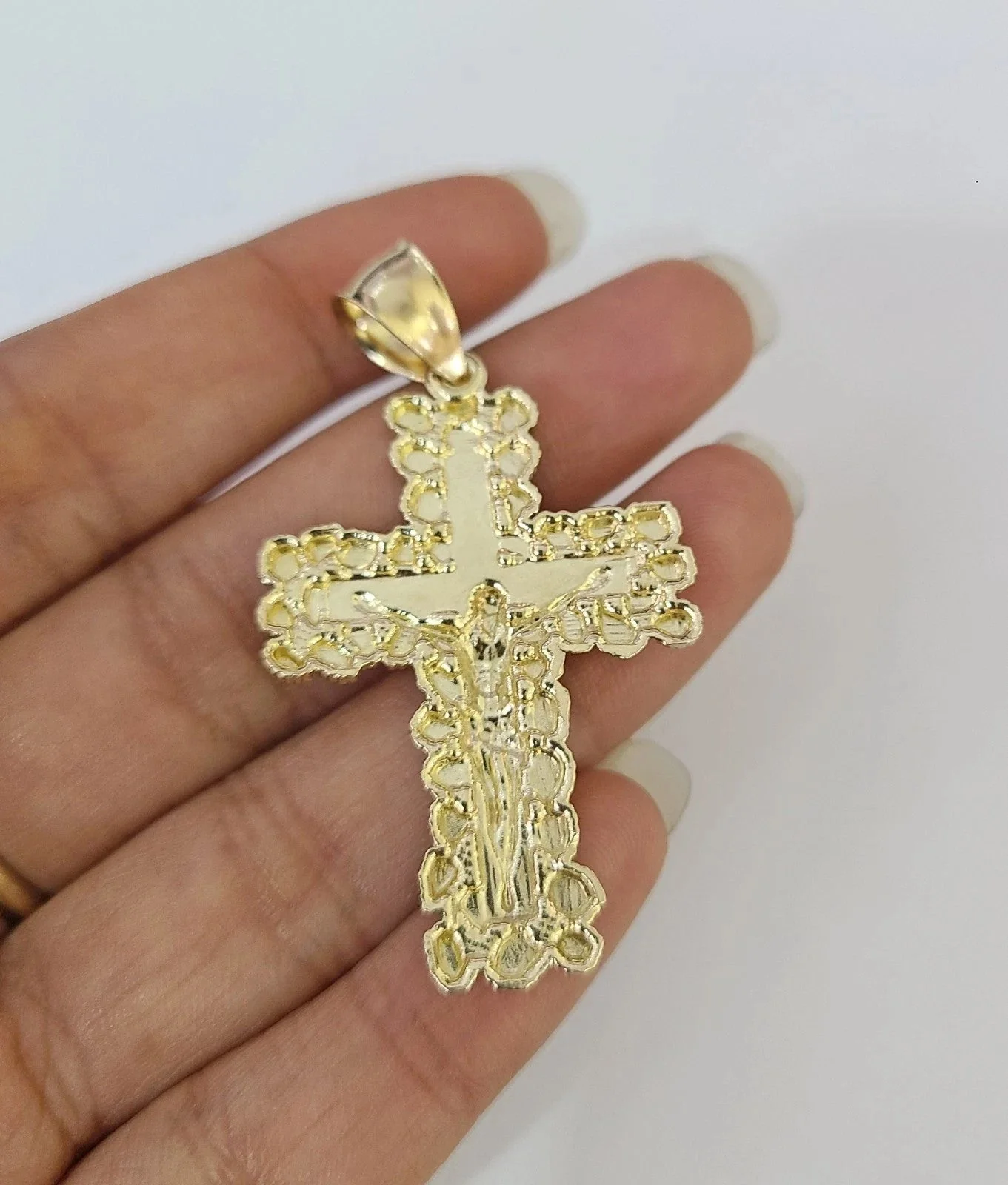 10k Gold Chain Cuban Curb Jesus Cross Charm Pendant Link 5mm 18"-28" Inch SET - Image 6