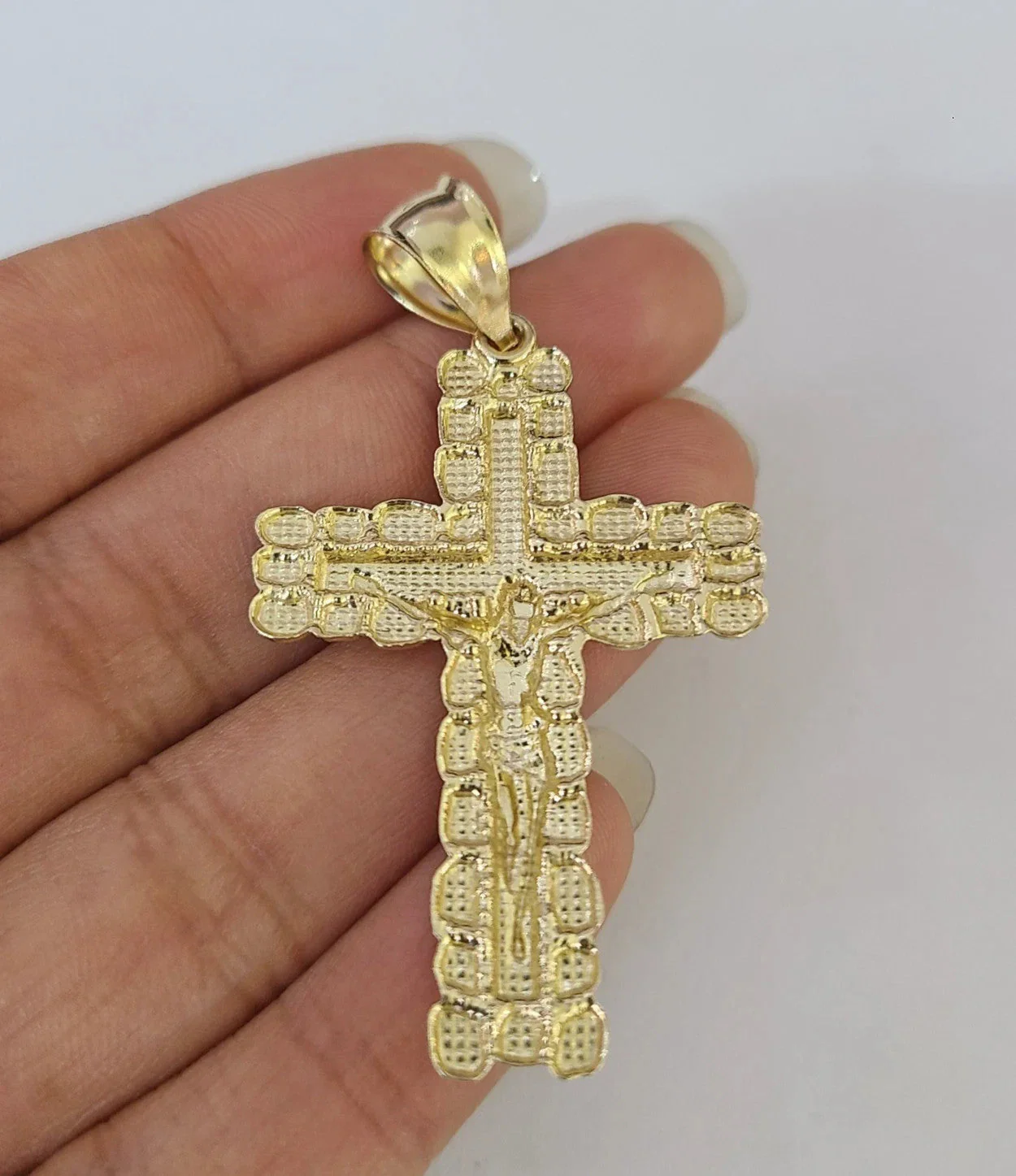 10k Gold Chain Cuban Curb Jesus Cross Charm Pendant Link 5mm 18"-28" Inch SET - Image 6