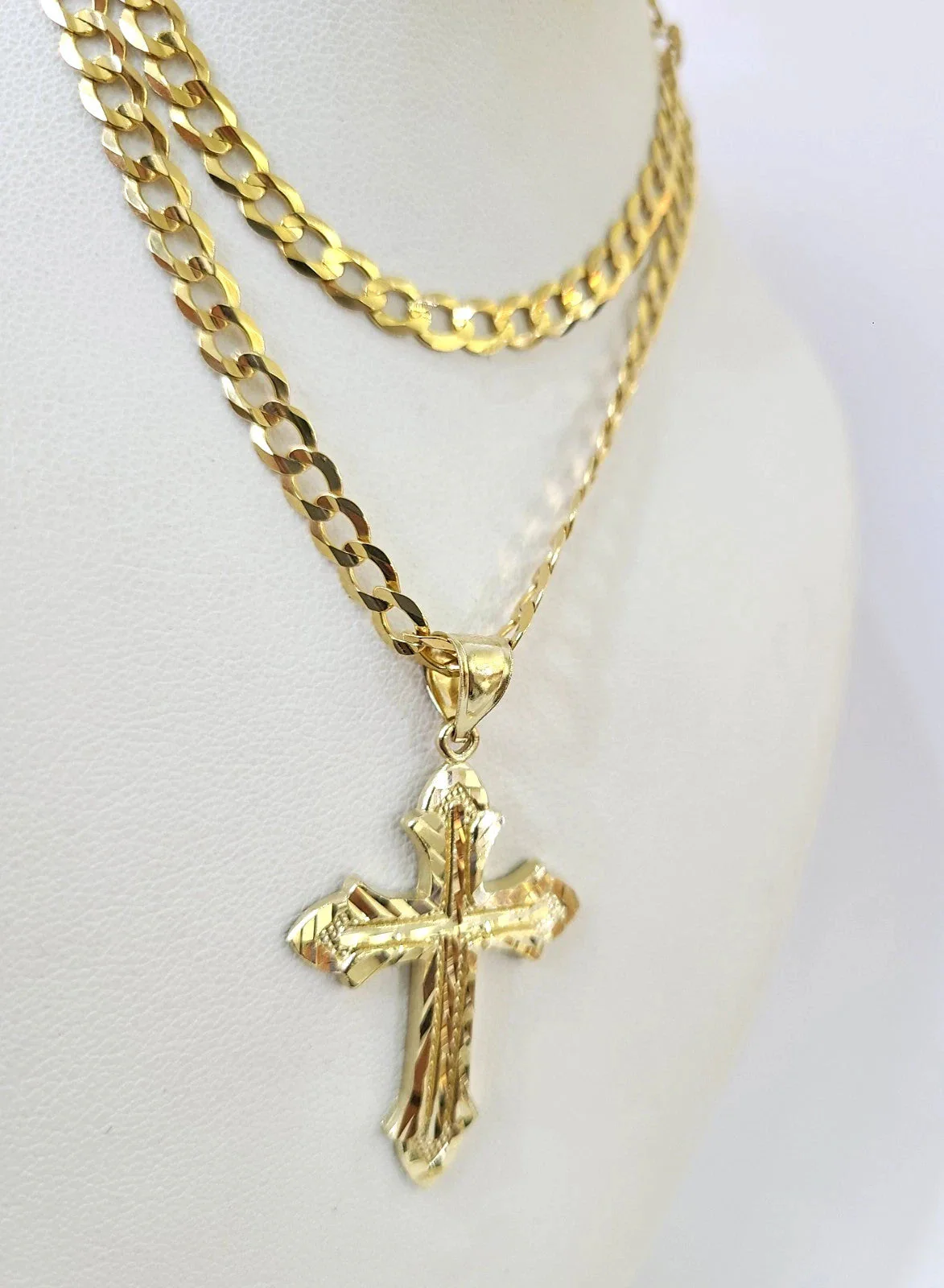 10k Gold Chain Jesus Cross Charm Pendant Cuban Curb Link 5mm 18"-28" Inch SET - Image 4