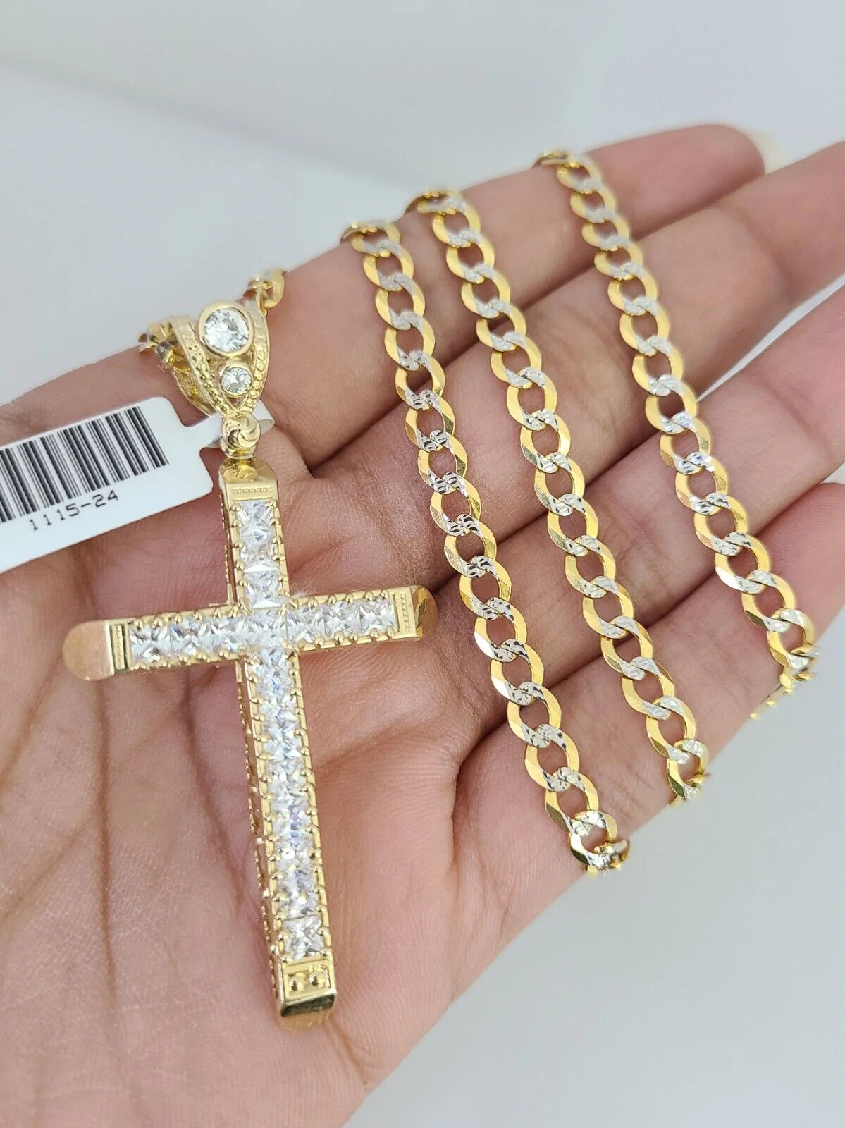 10k Gold Chain Jesus Cross Charm Solid Cuban Curb 5mm 18"-28" Inch SET