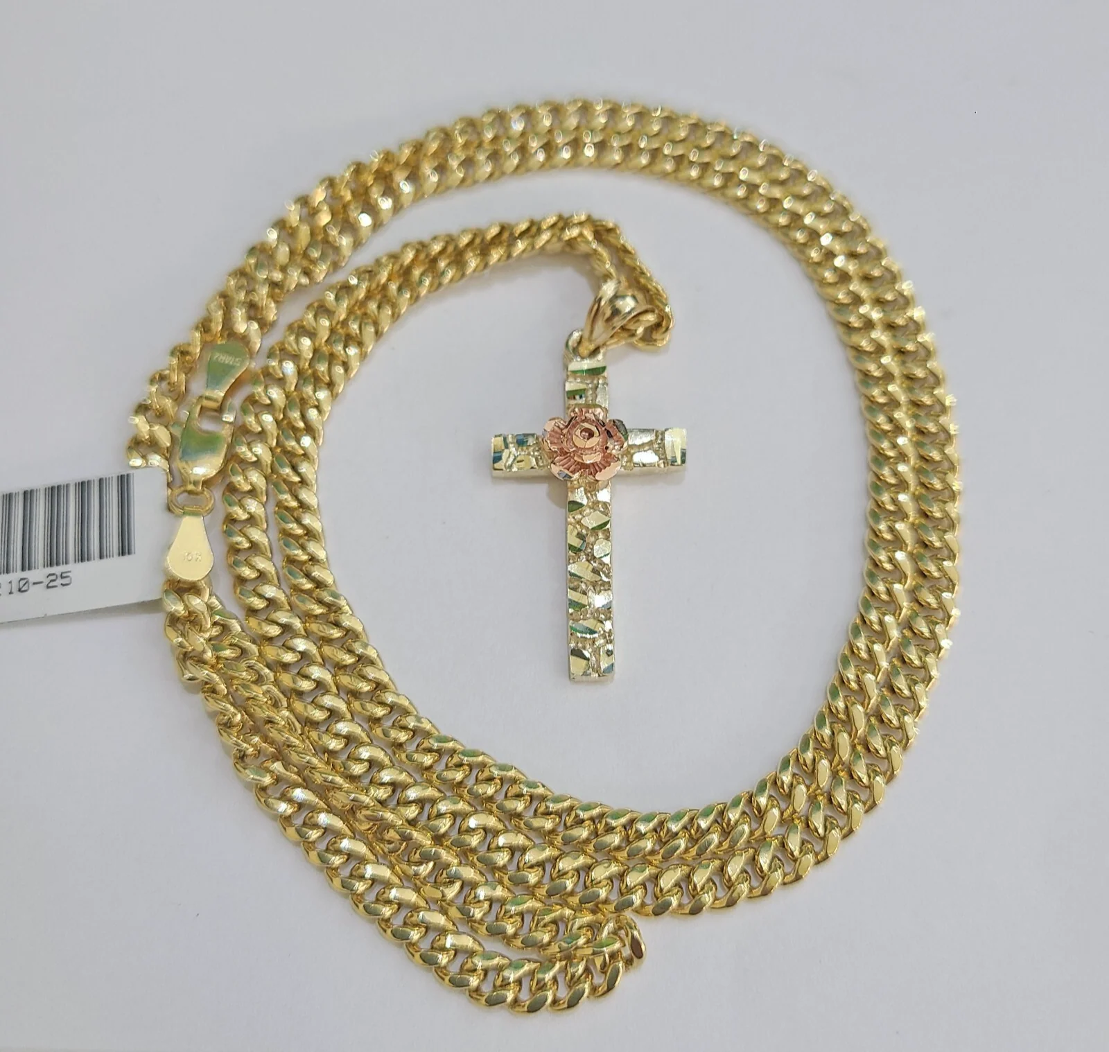 10k Gold Chain Jesus Rose Cross Pendant Set Miami Cuban Necklace 4mm 18"-28" - Image 3